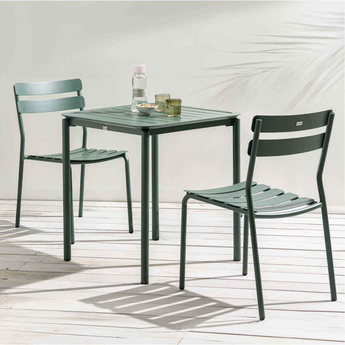 Table de jardin carrée 70cm et 2 chaises en aluminium, ALMADA vert foncé, OVIALA
