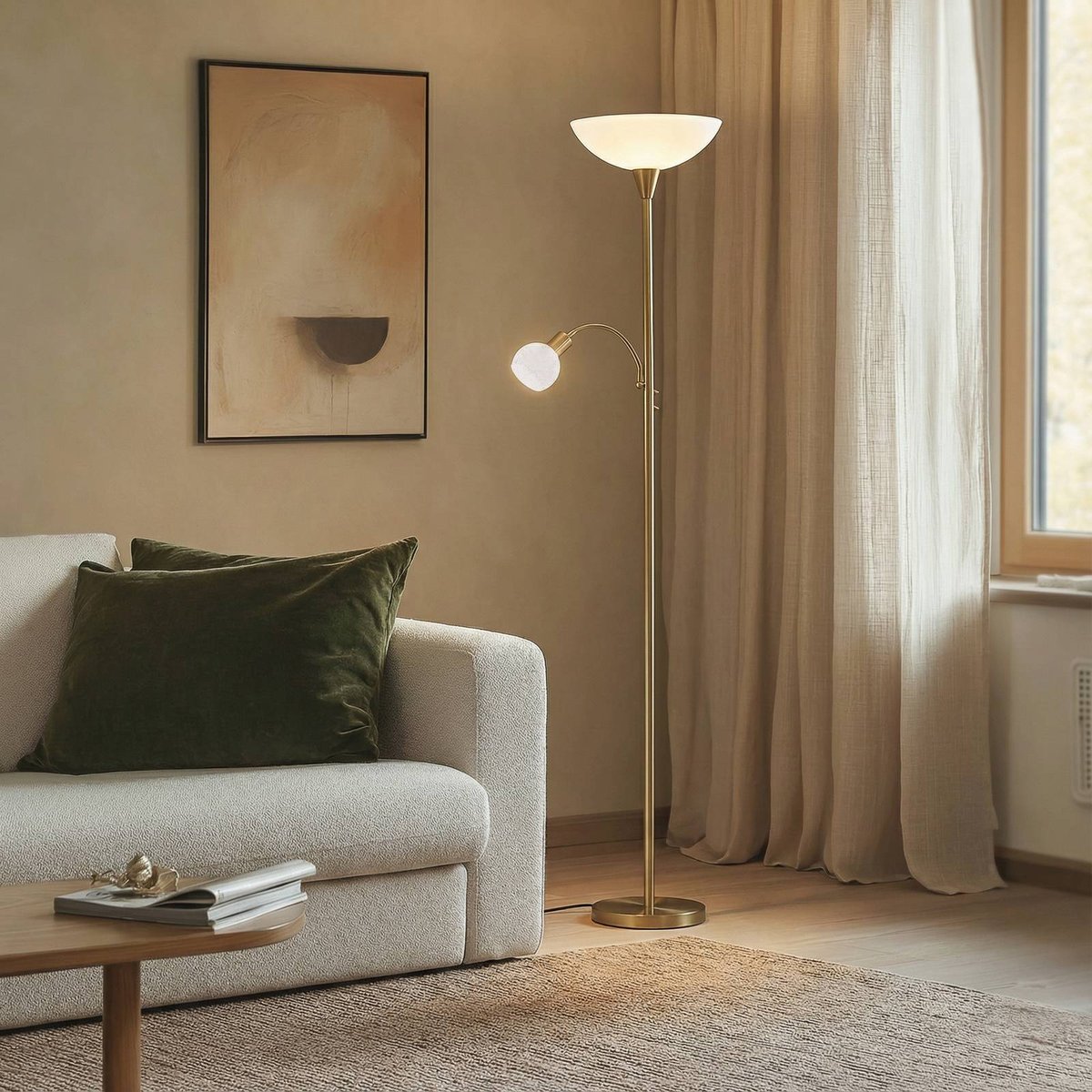 Lampadaire en métal moderne, Elaina laiton, blanc, blanc opale, LINDBY