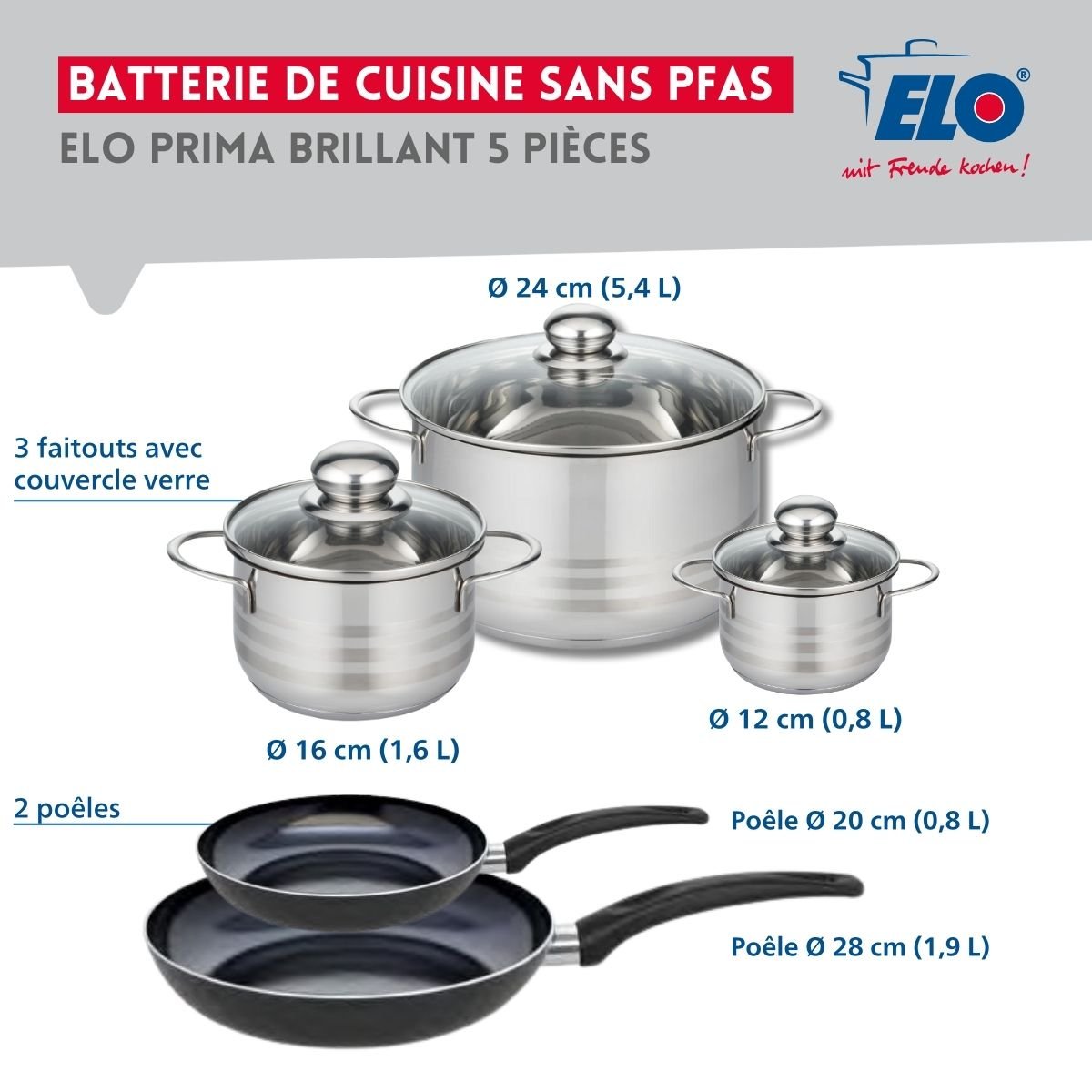 Batterie 2 poêles 20/28cm + 3 faitouts 12/16/24cm PRIMA BRILLANT noir, ELO