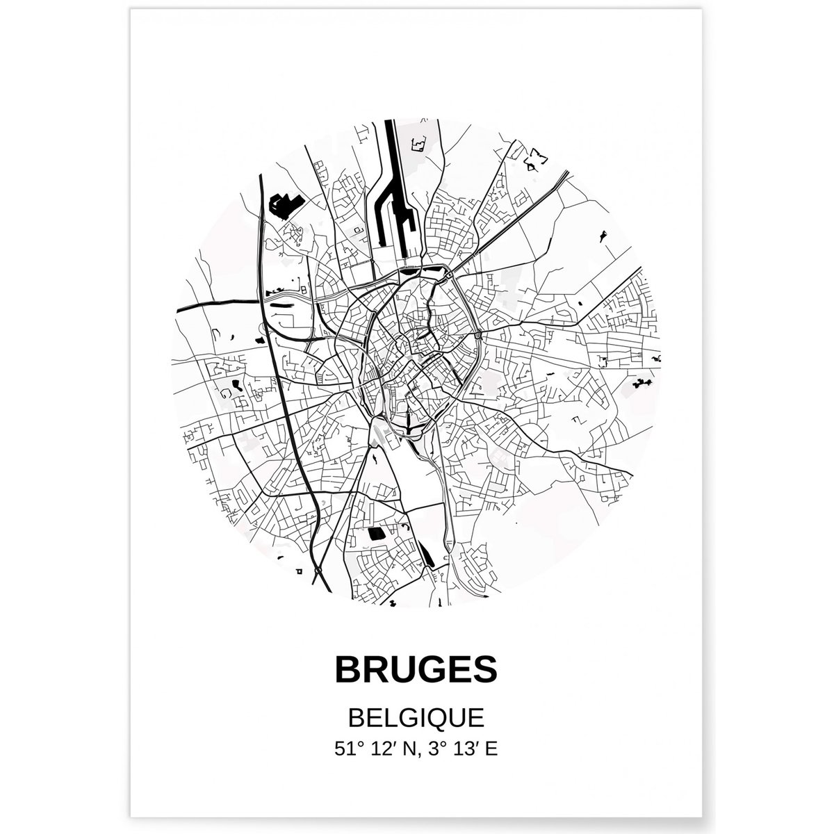 Affiche Carte Bruges blanc, L'AFFICHERIE