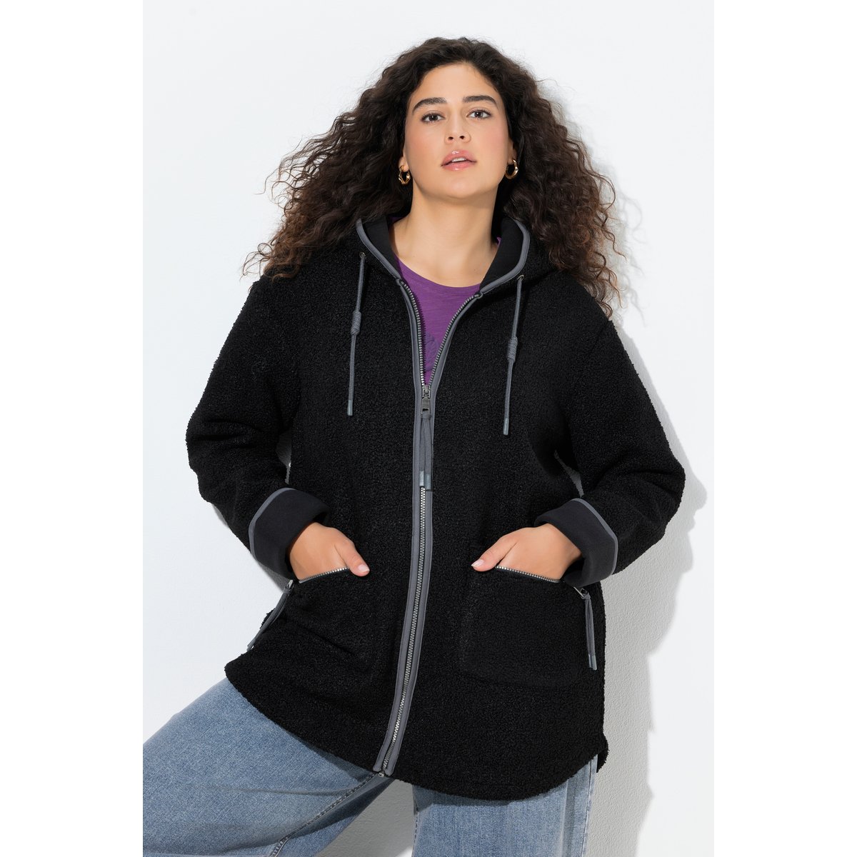 Veste à capuche en polaire bouclée noir, ULLA POPKEN