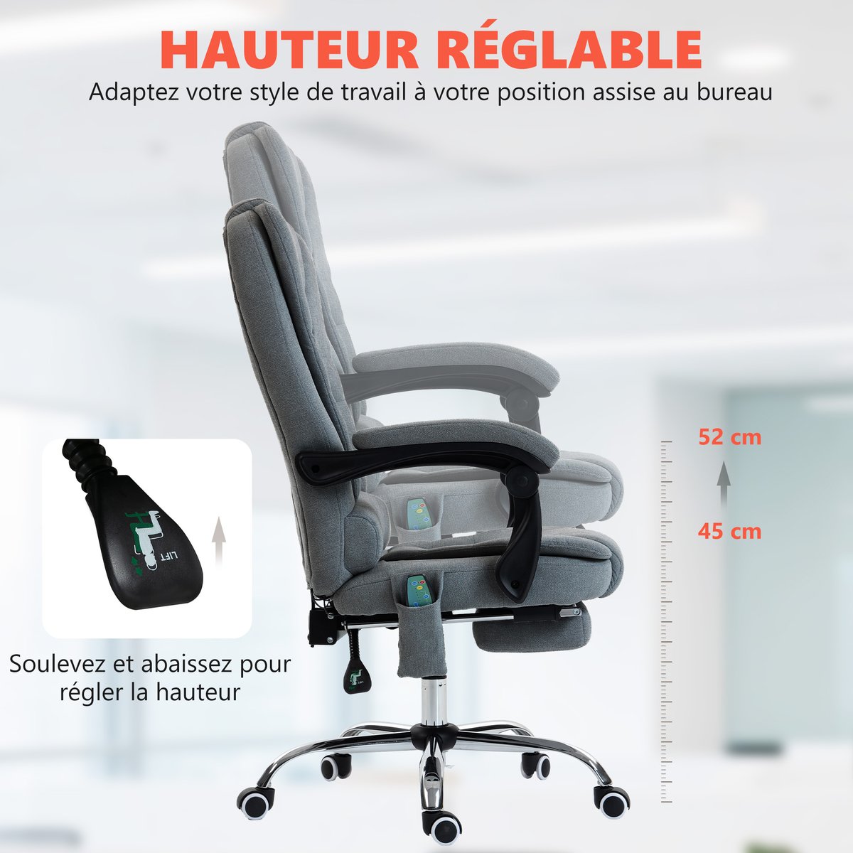 Fauteuil de bureau avec fonction massage gris foncé, HOMCOM