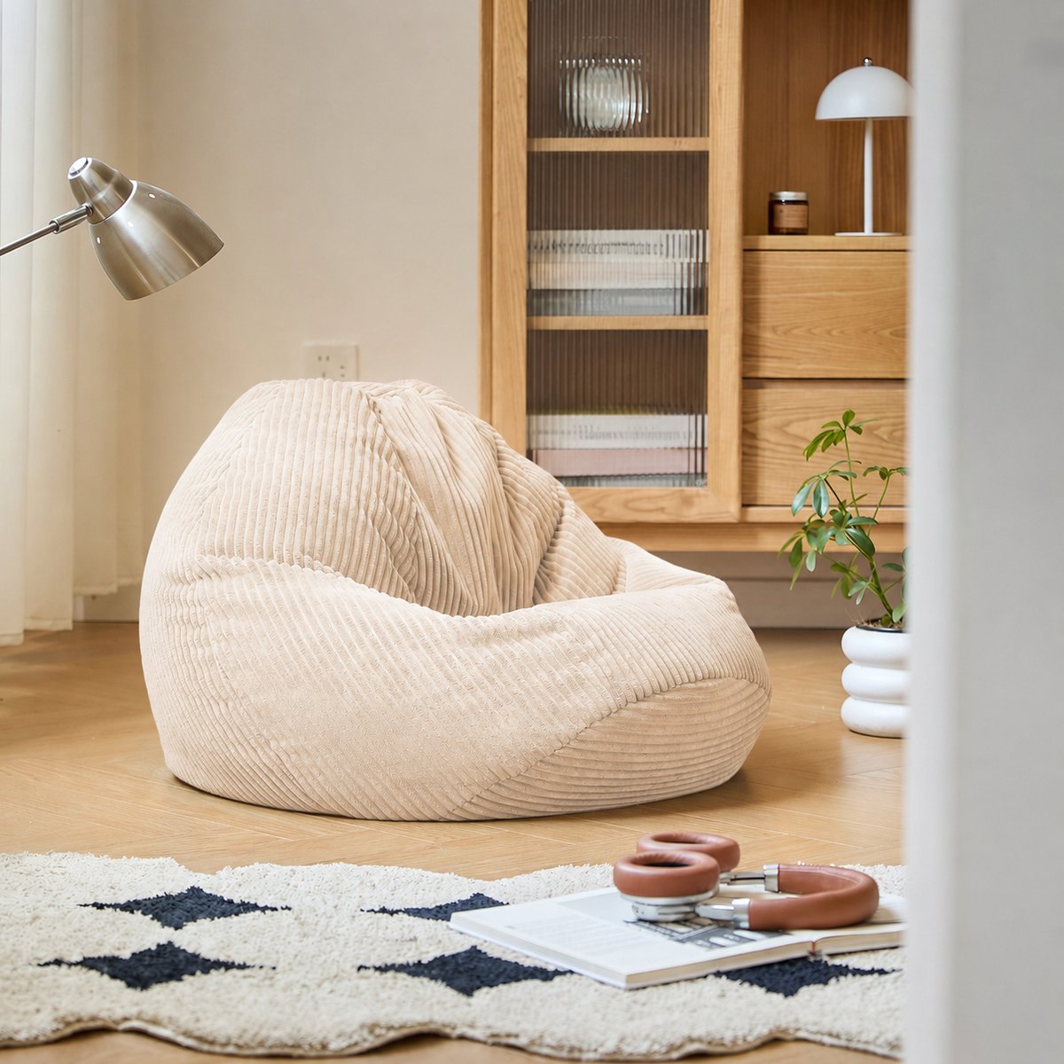 Pouf de salon, velours côtelé, FLOBY beige, NORDLYS