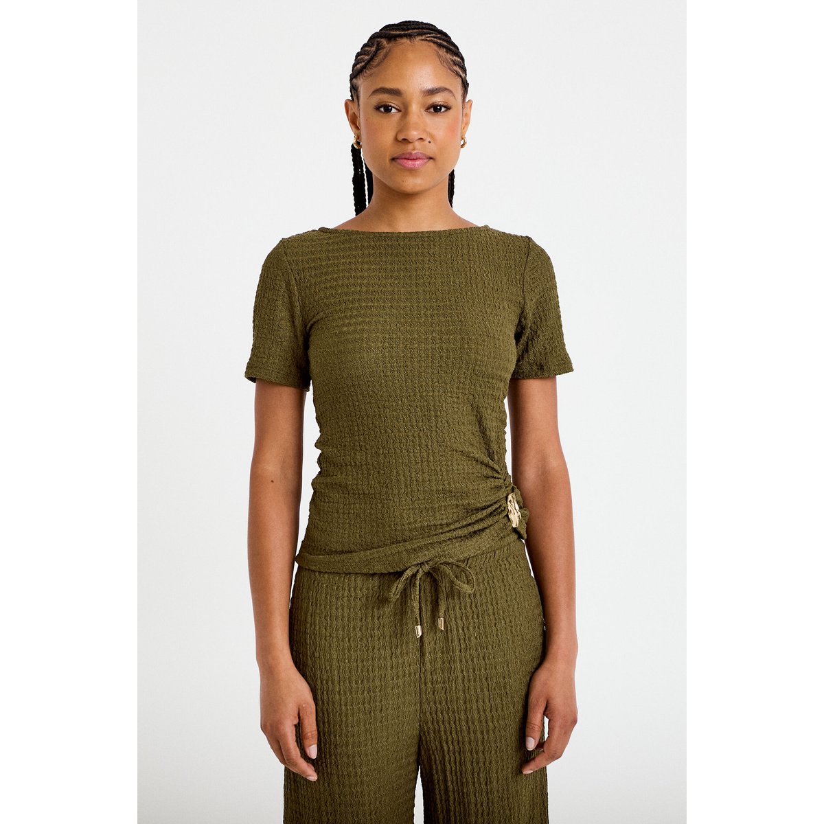 T-shirt col rond manches courtes bijou vert kaki, CACHE CACHE