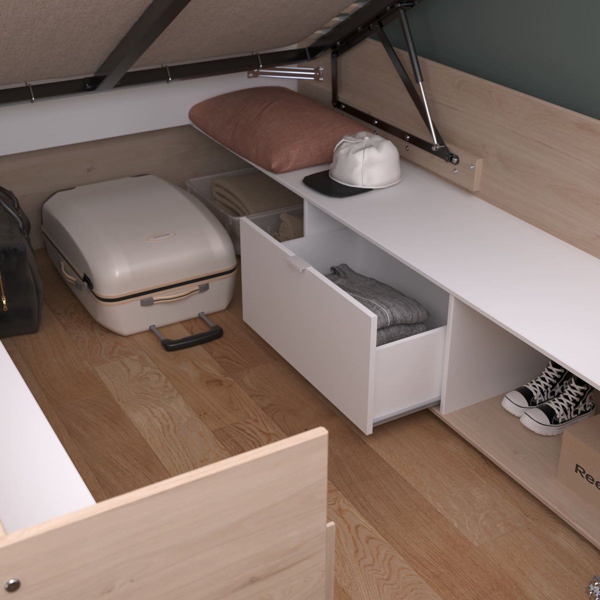 Lit coffre avec multiples rangements blanc, TERRE DE NUIT