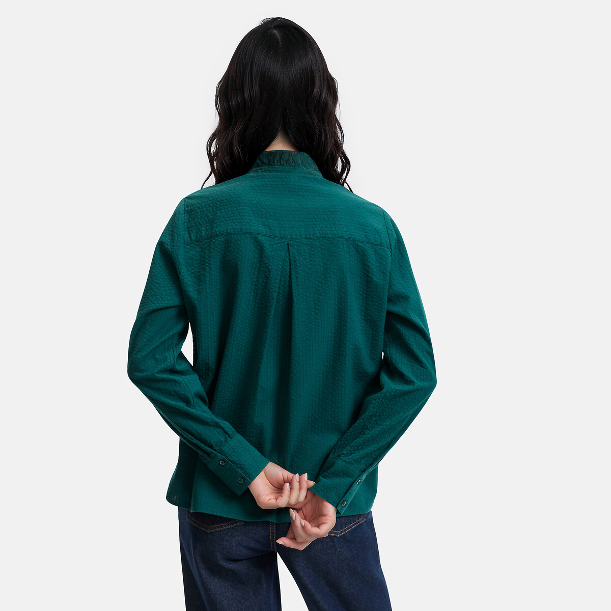 Chemise à col volanté manches longues en coton seersucker vert foncé, LA REDOUTE COLLECTIONS