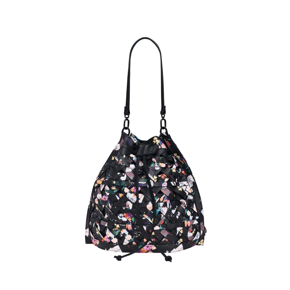 Sac à dos moyen tressé fleurs noir, DESIGUAL