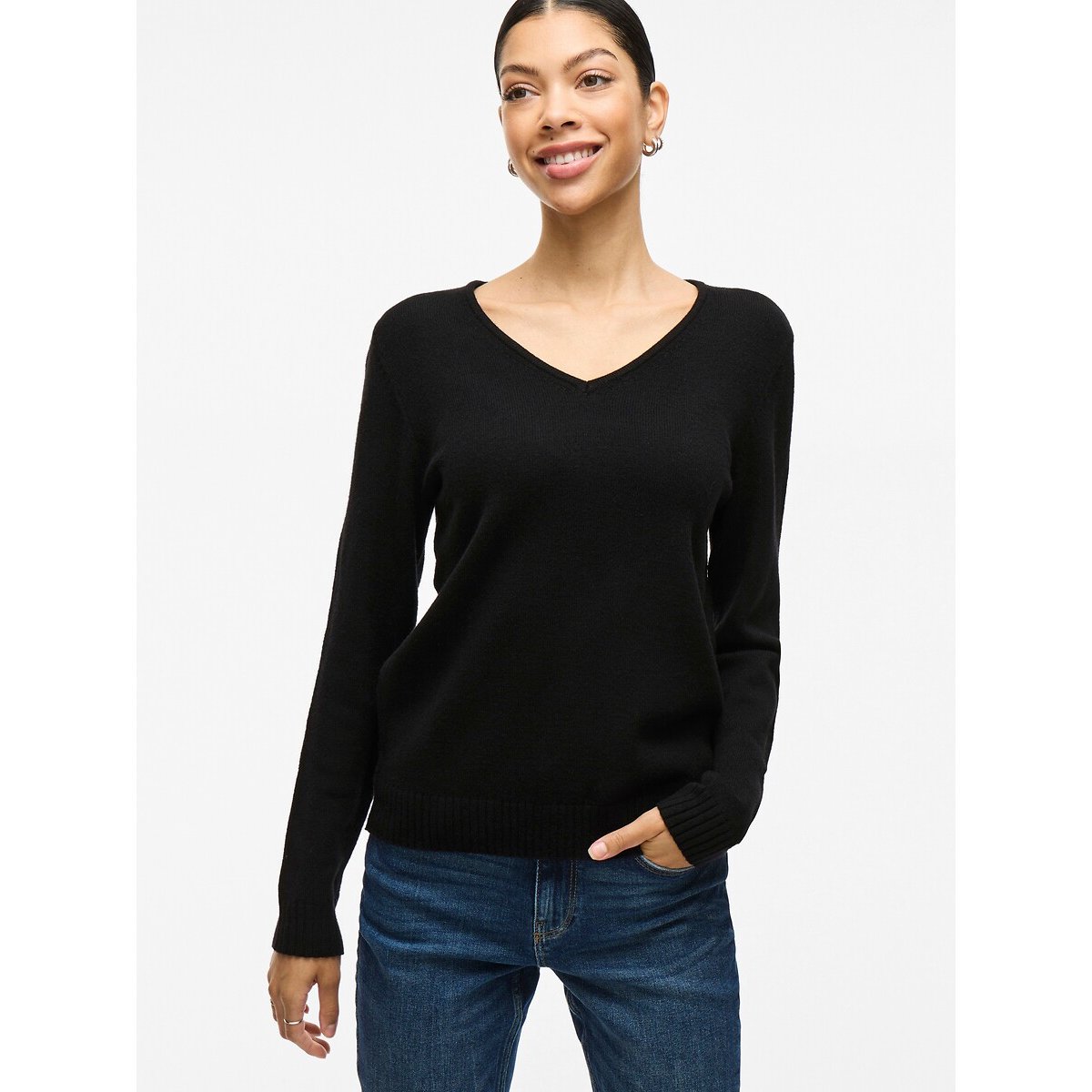 Trui met V-hals in fijn tricot zwart, VILA
