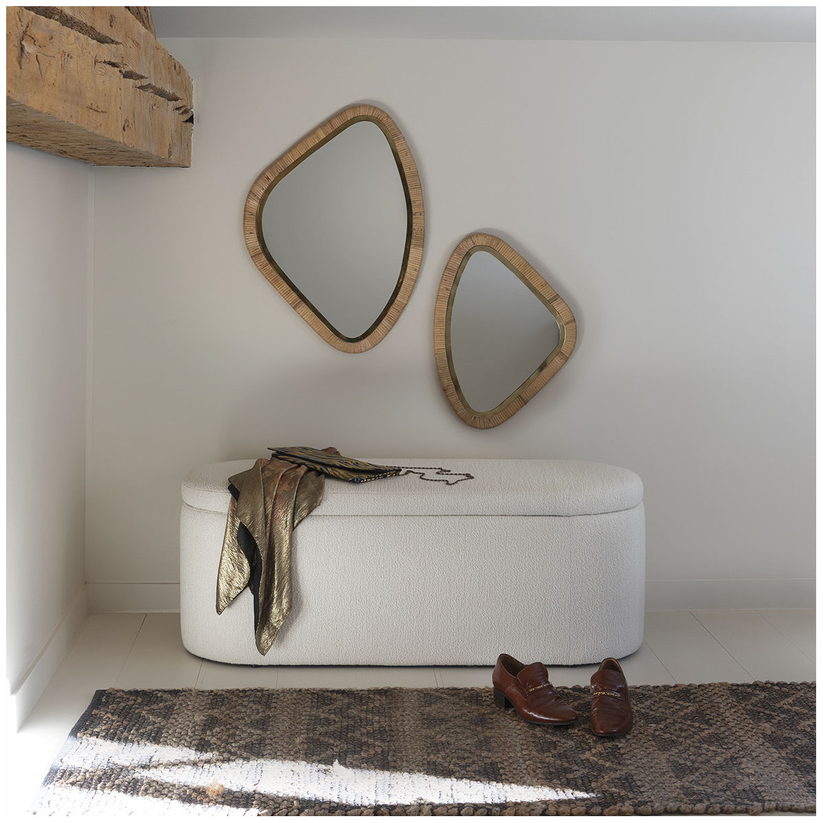 Banc coffre tissu bouclette 120x45x45 crème, BLANC D’IVOIRE