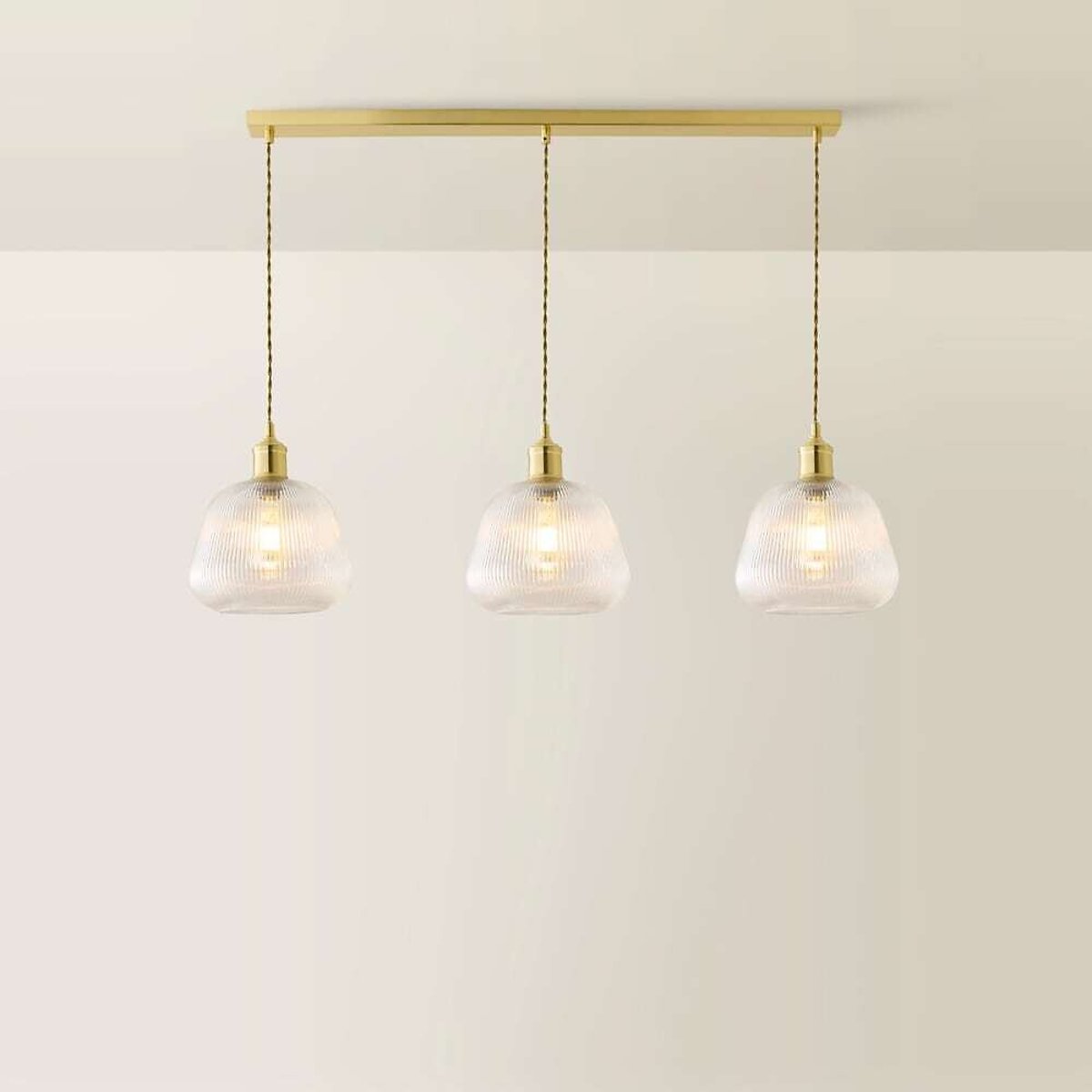 Delaney 3-Light Ribbed Bell Glass Diner Pendant Light with Filament Bulbs brushed gold, ÉDITÉ