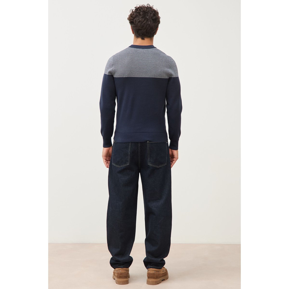 Pull droit fin col rond manches longues bleu marine, BONOBO