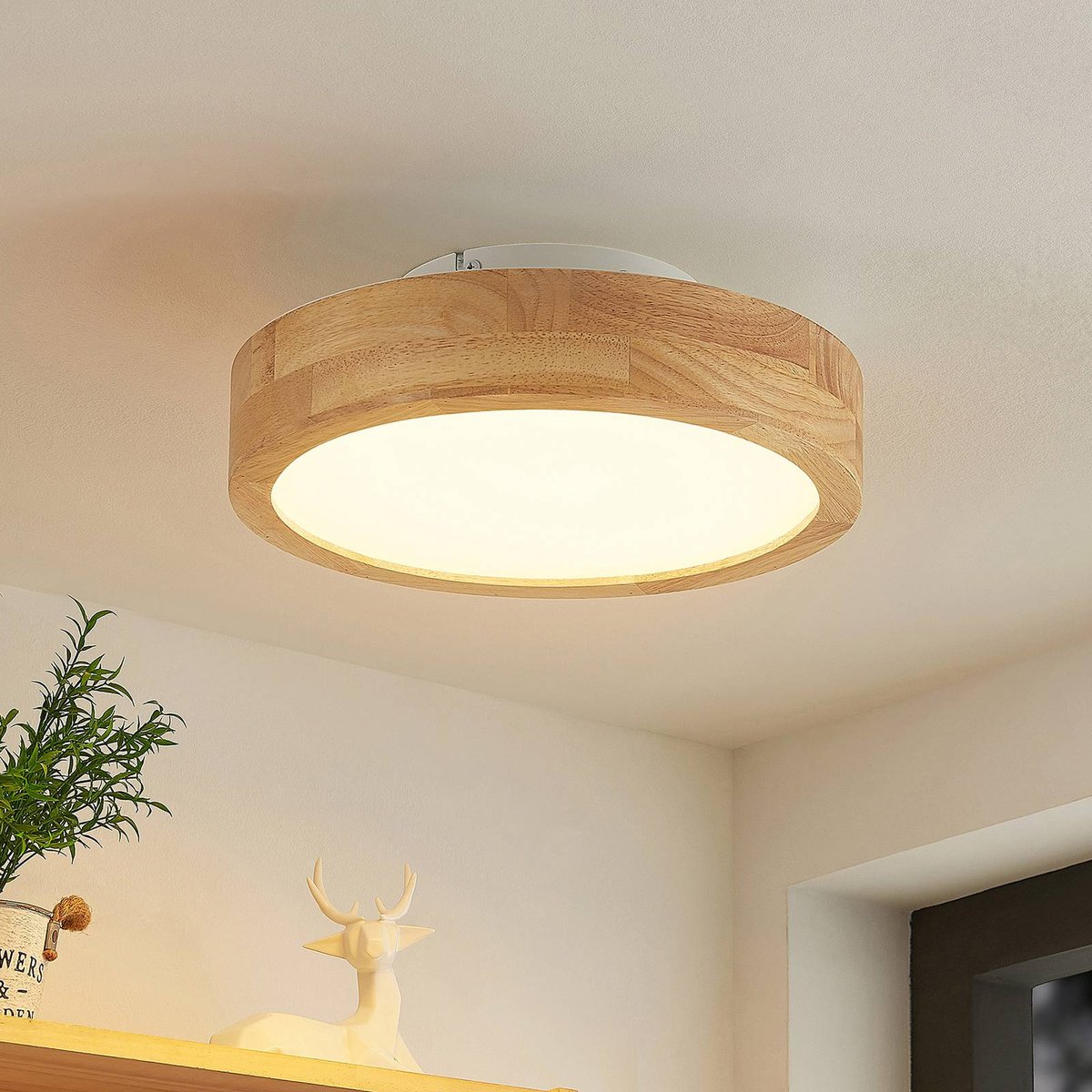 Plafonnier en bois moderneLED, Lanira bois clair, blanc, LINDBY