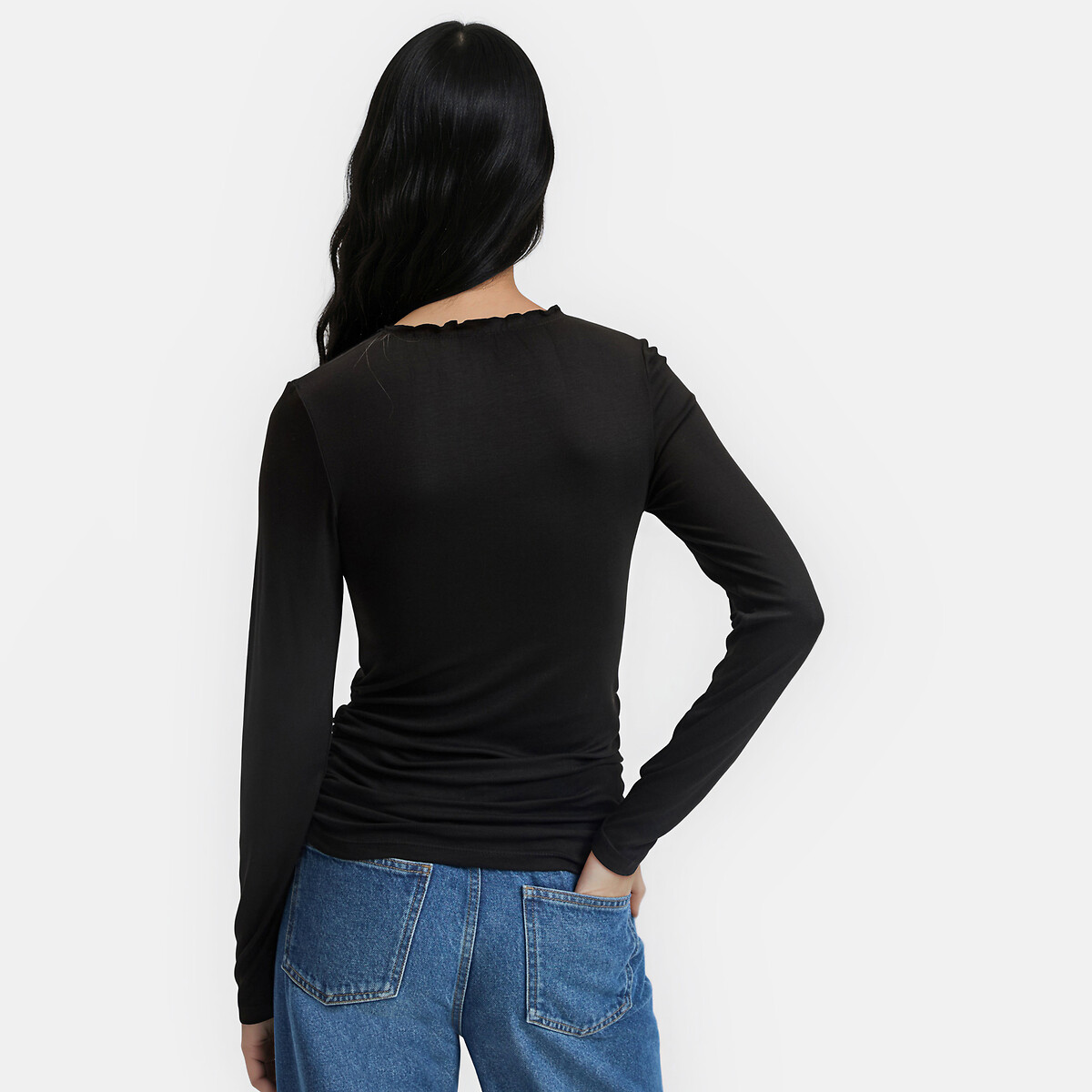 T-shirt froncé col rond manches longues noir, LA REDOUTE COLLECTIONS