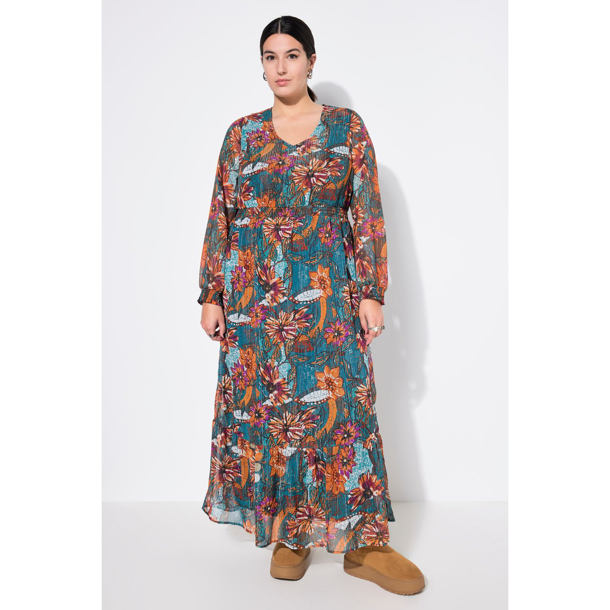 Robe maxi, silhouette en A, imprimé floral pétrol, STUDIO UNTOLD