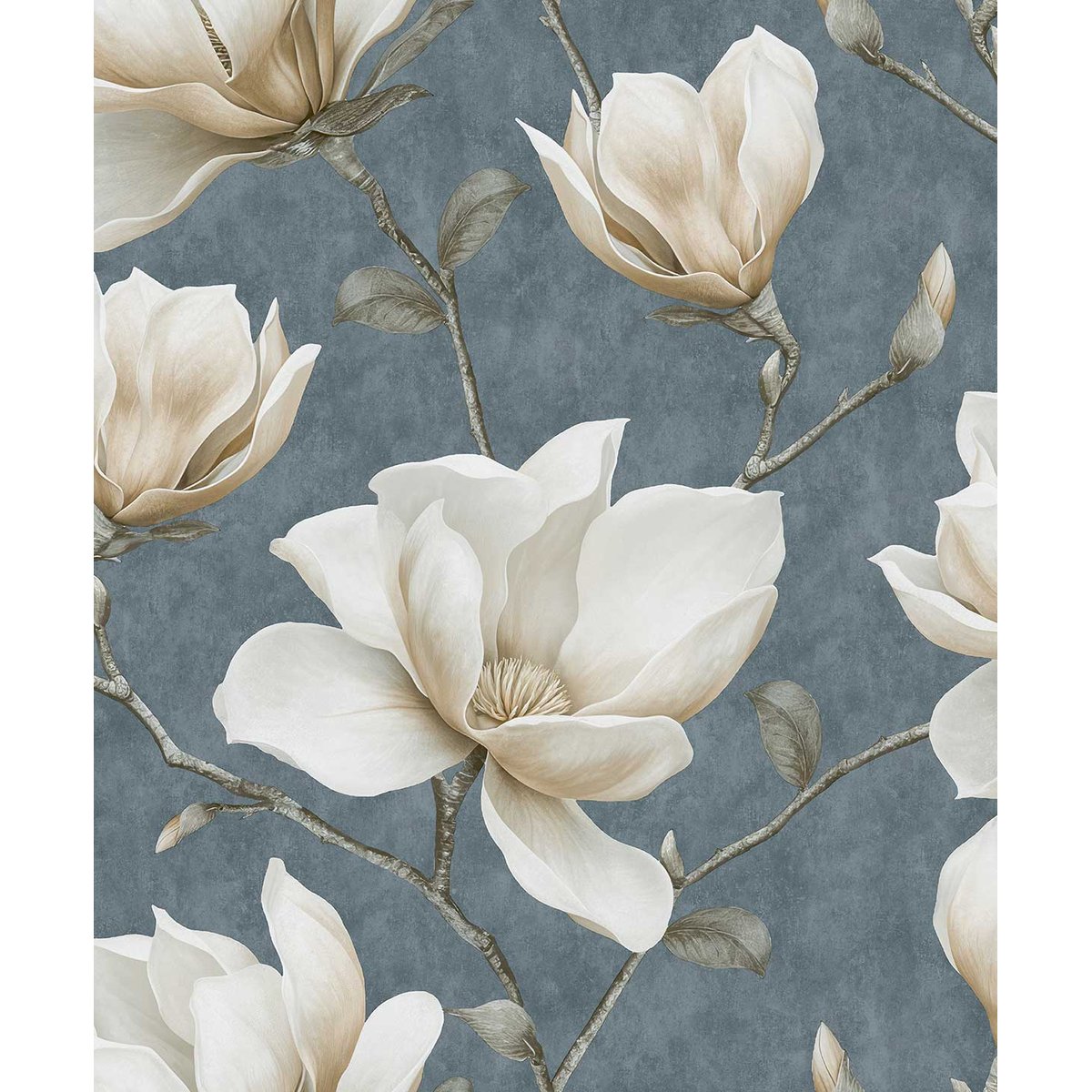 Papier peint magnolia blanc crème fond bleu ardoise bleu, HEXOA