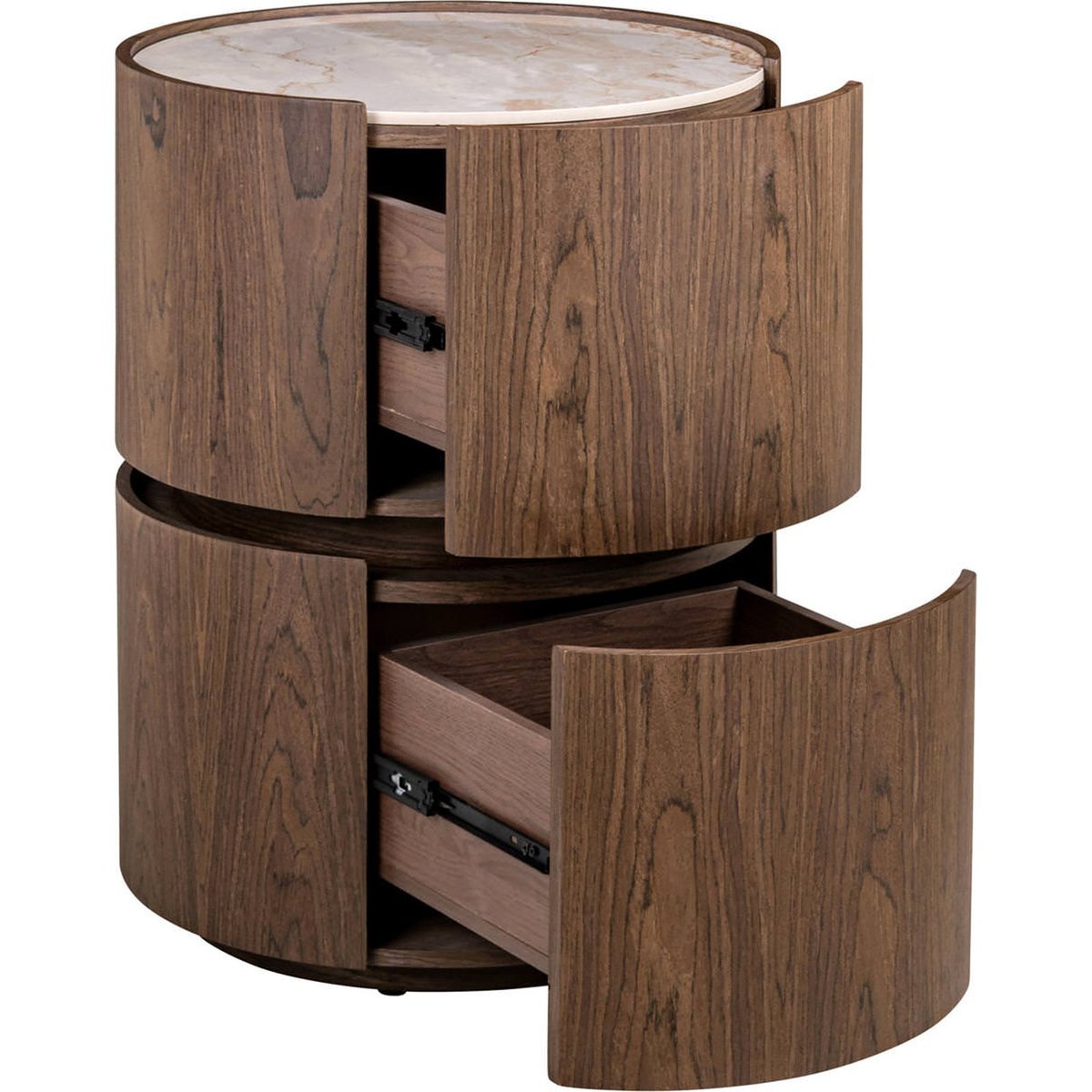 Table de chevet ronde 2 tiroirs en bois marron brun avec plateau céramique beige veiné, RECOLLECTION
