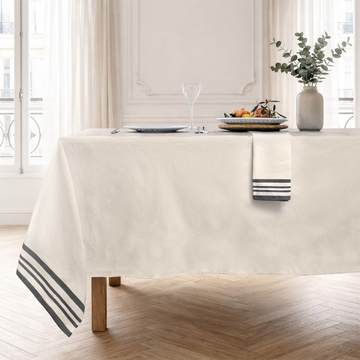Lot de 4 serviettes de table coton GUETARY beige lin / noir, FEBRONIE