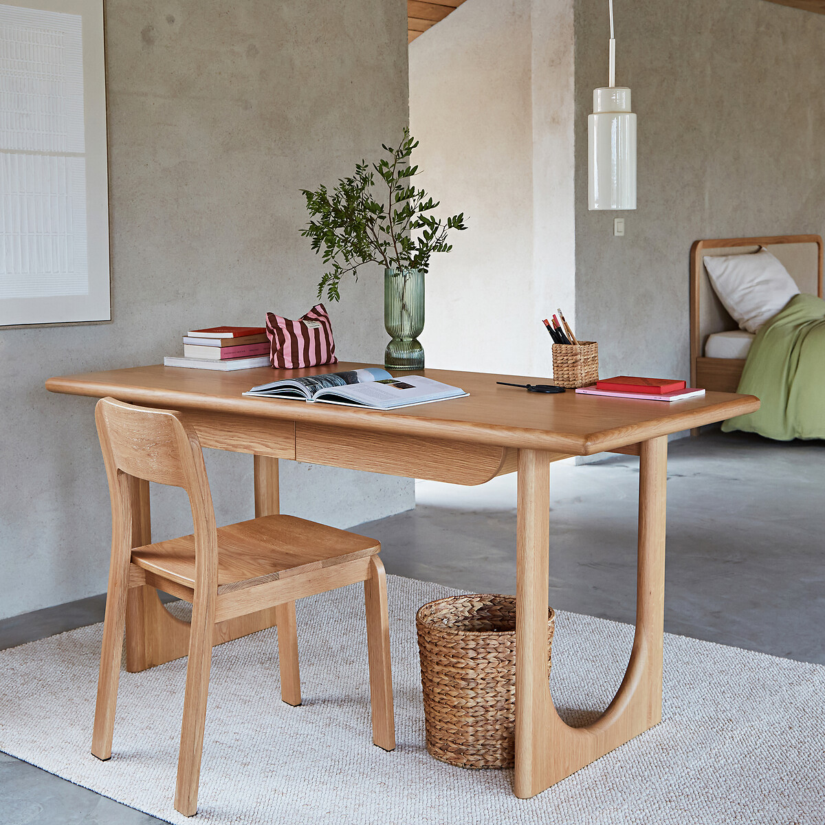 Bureau XL en chêne et plaqué, 2 tiroirs, Douve chêne, LA REDOUTE INTERIEURS