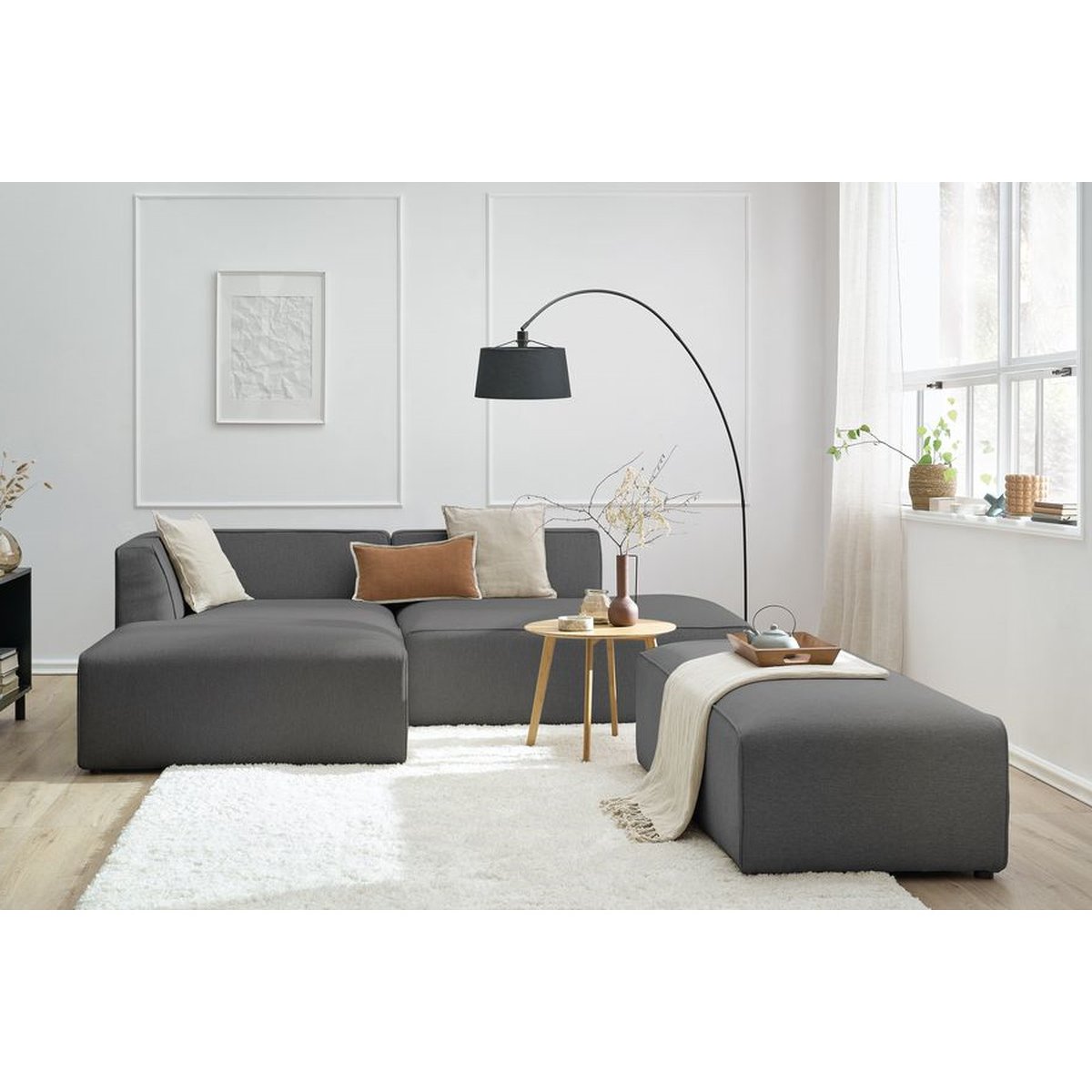 Canapé modulable 5 places en tissu chiné avec pouf, MEGEVE gris foncé, BOBOCHIC