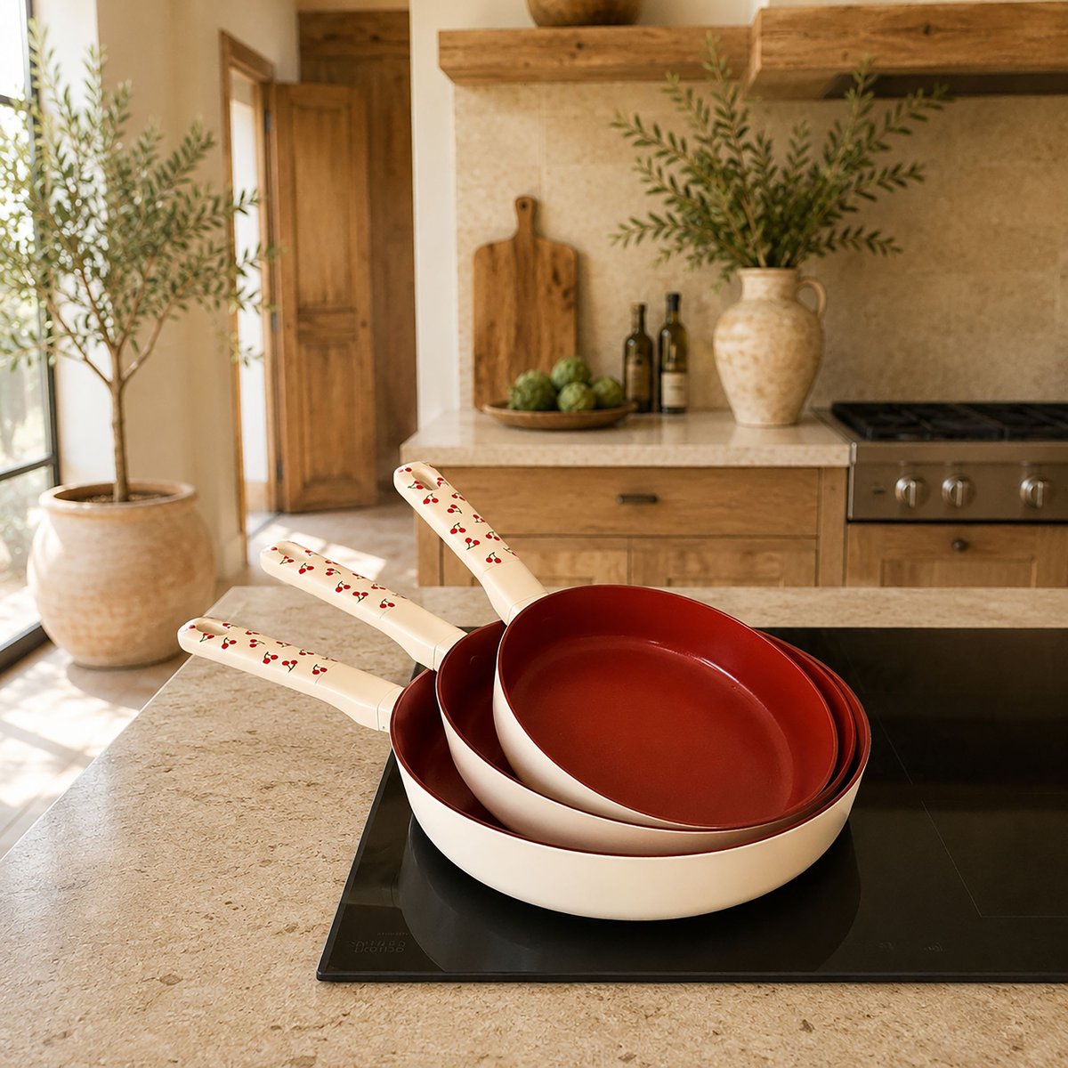 Lot de 3 poêles 20/24/28 cm en aluminium, CERISE beige-rouge, MENASTYL