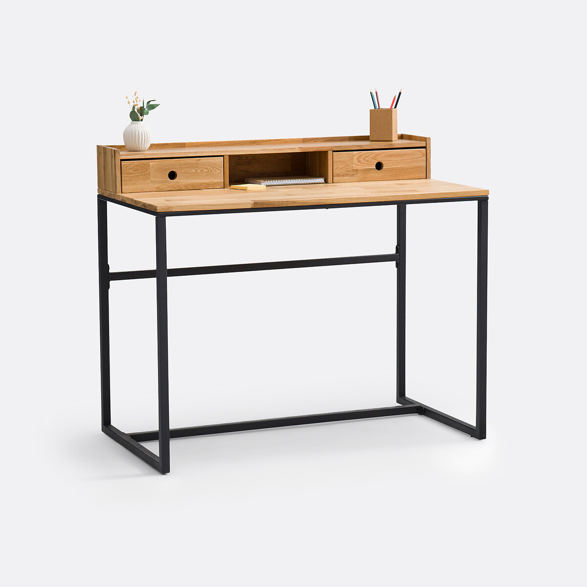 Bureau chêne et plaqué, avec petite réhausse, Hiba chêne/noir, LA REDOUTE INTERIEURS
