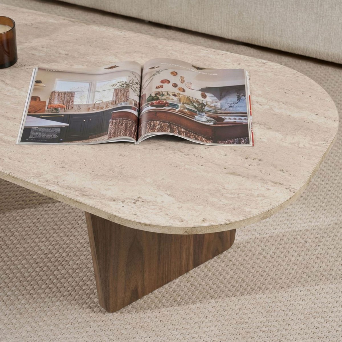 Table basse ovale en bois et effet travertin 130x65cm- SOMA beige, DRAWER