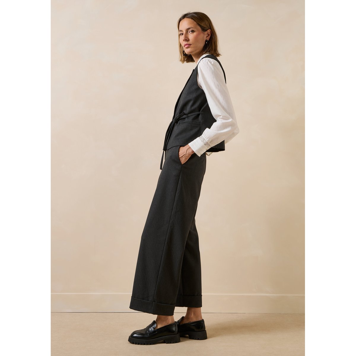 Pantalon droit rayé anthracite, LA FEE MARABOUTEE