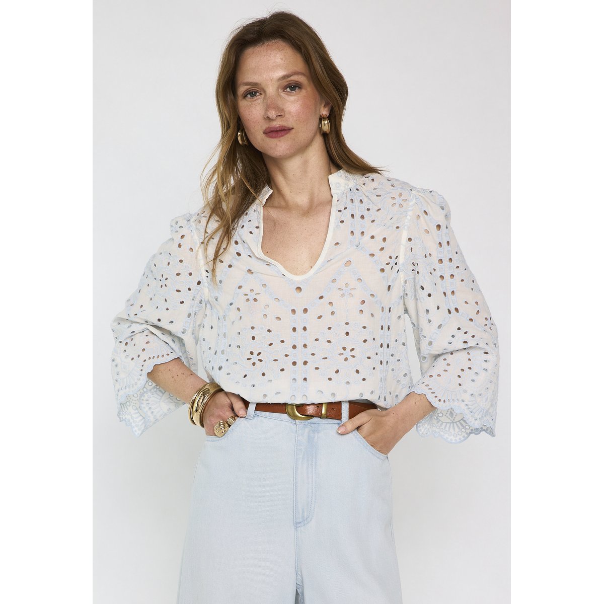 Blouse brodée à manches larges en coton DESILIA glacier, Maison 123