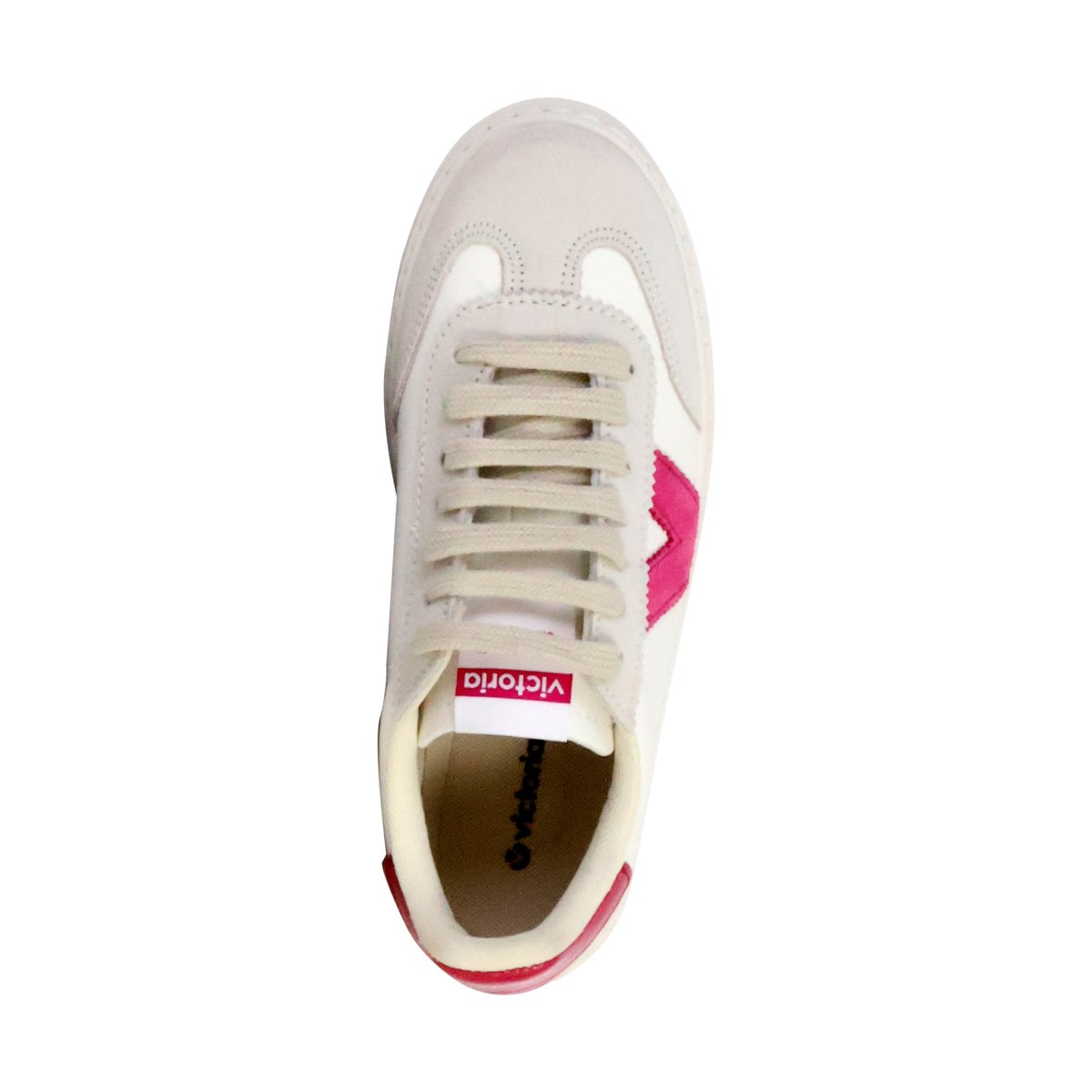 Tennis en cuir beiges et dorées à semelle plateau et à lacets plats blancs fushia, VICTORIA