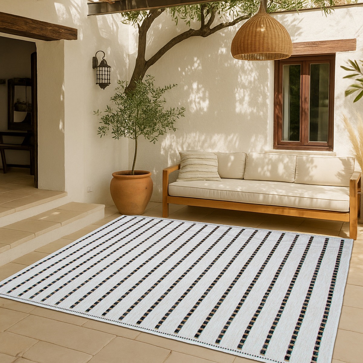 Tapis salon aspect jute rayures JUTA LOOK blanc, noir, THE DECO FACTORY