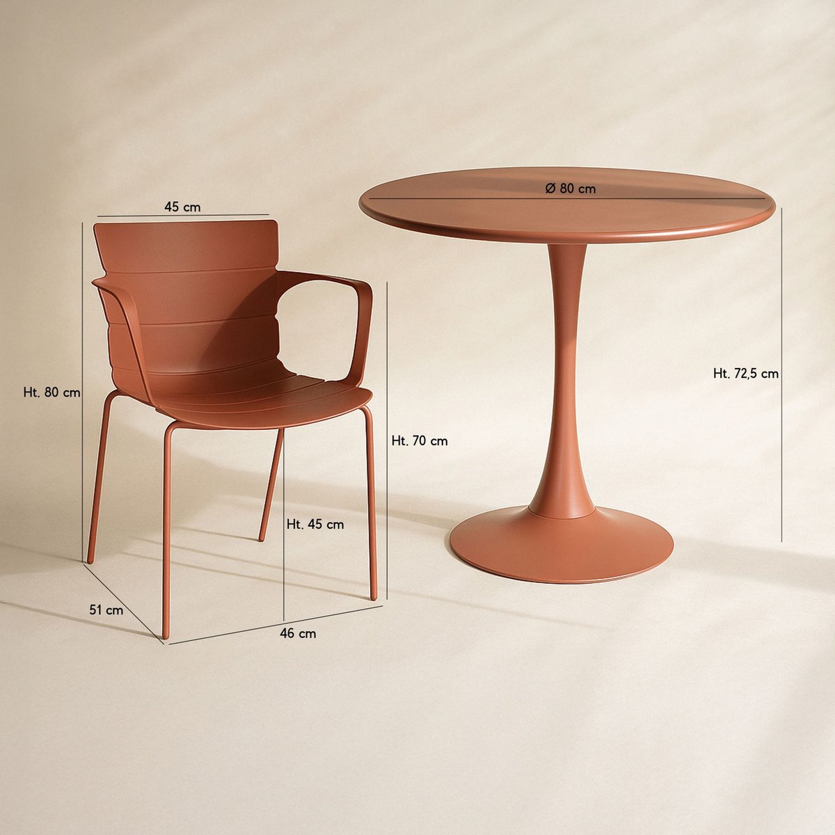 Ensemble table et 4 fauteuils en polypropylène et métal, MONTAUK brique, NOW'S HOME