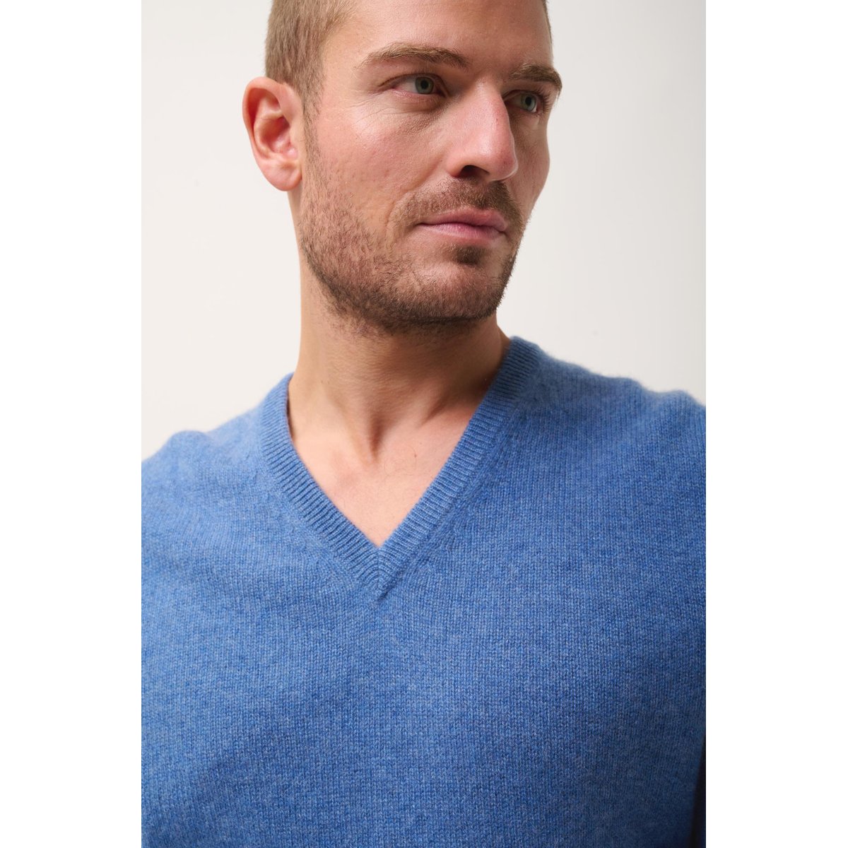 Pull Col V 4 Fils Bleu Denim Nathan bleu denim, JUST CASHMERE