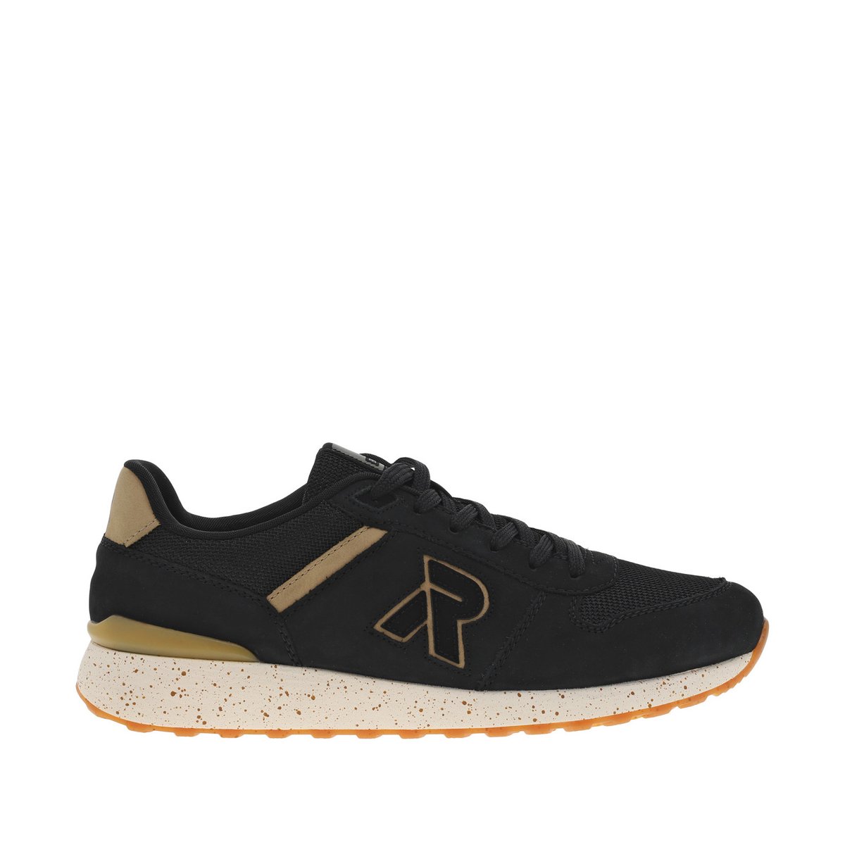Sneakers running aspect nubuck et nylon noir à semelle écrue épaisse et moucheté, talon renforcé noire, RIEKER