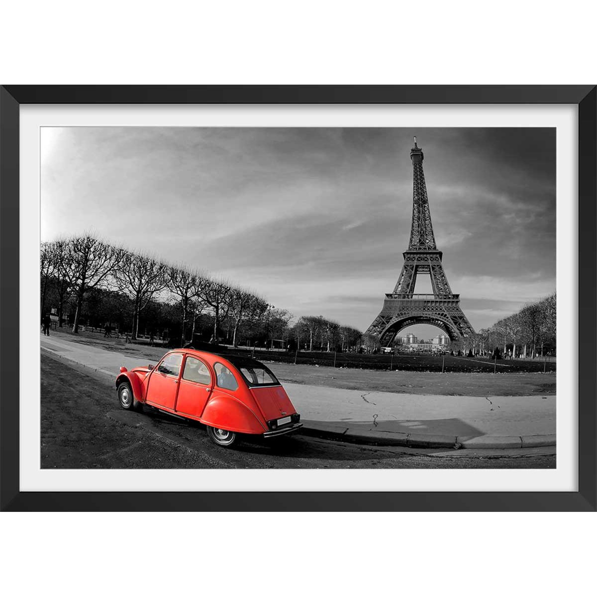 Affiche paris tour eiffel et 2cv rouge affiche + cadre en bois - noir, HEXOA