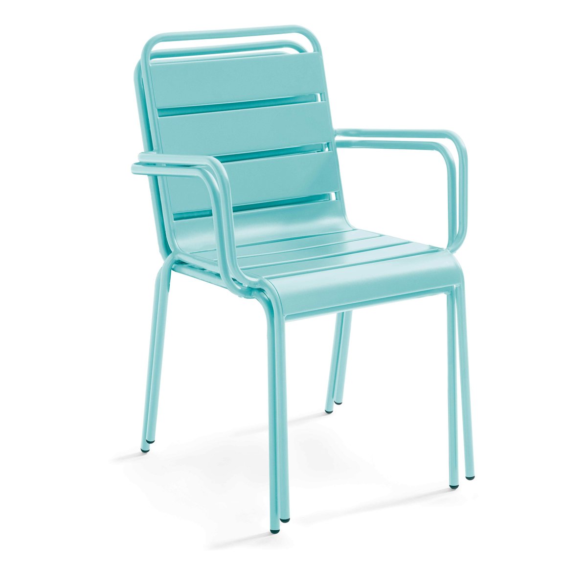 Table en HPL inclinable pied blanc et 2 chaises avec accoudoirs en métal bleu, OVIALA
