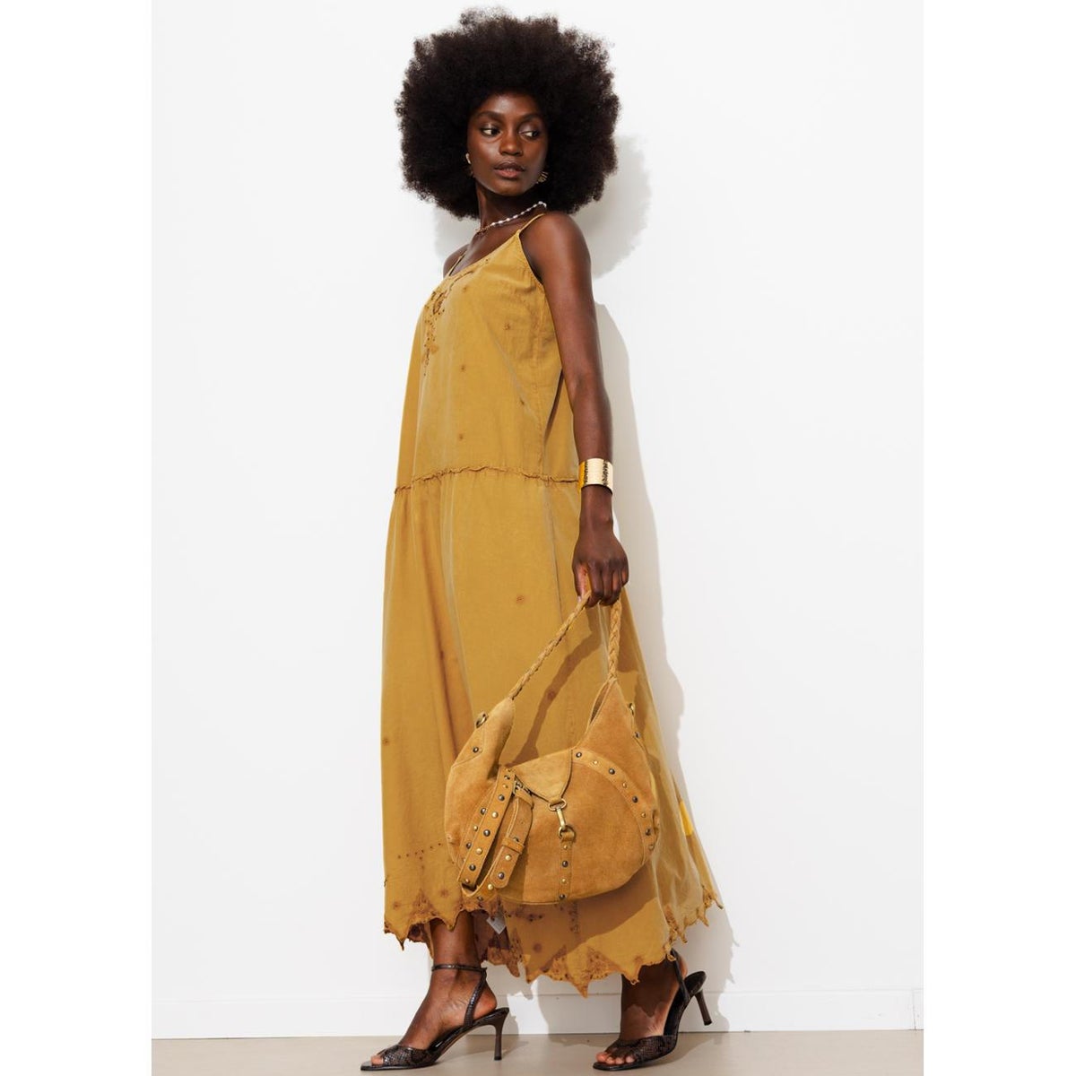 Robe à bretelles perlée ocre, PROMOD