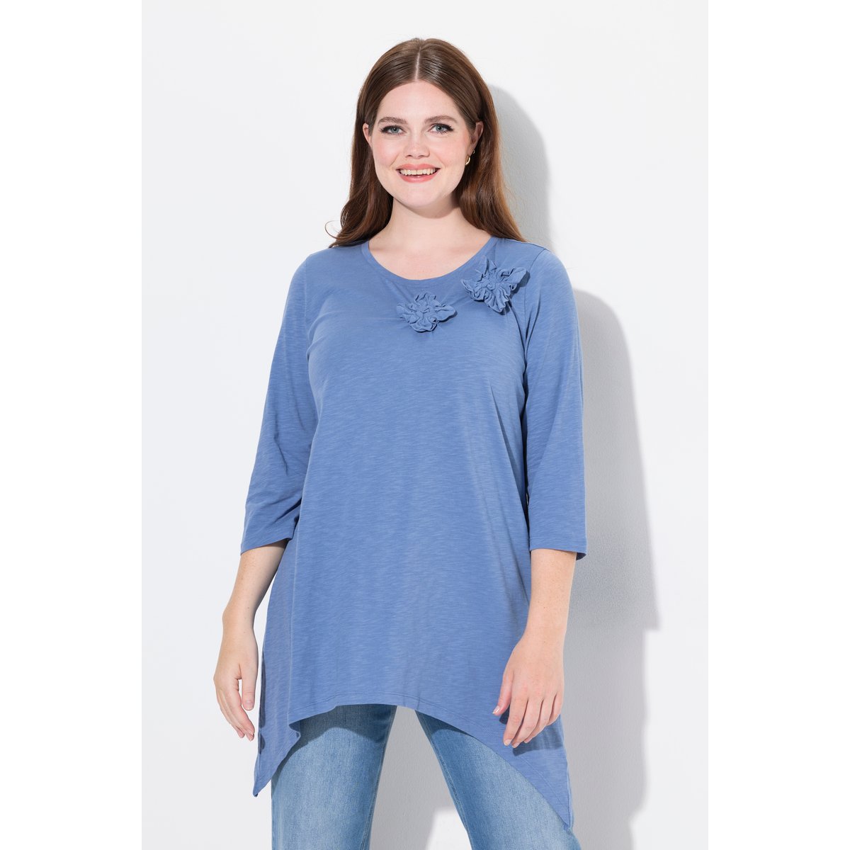 Chemise, fleurs 3D, col rond, manches 3/4 bleuet clair, ULLA POPKEN