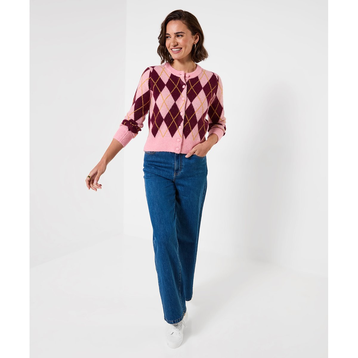 Superbe Cardigan Motif Argyle rose, JOE BROWNS