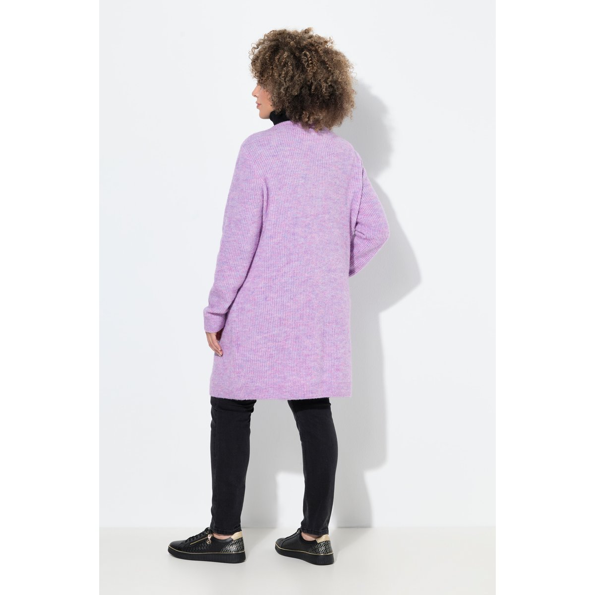 Cardigan long en maille côtelée, col en V prune clair, ULLA POPKEN