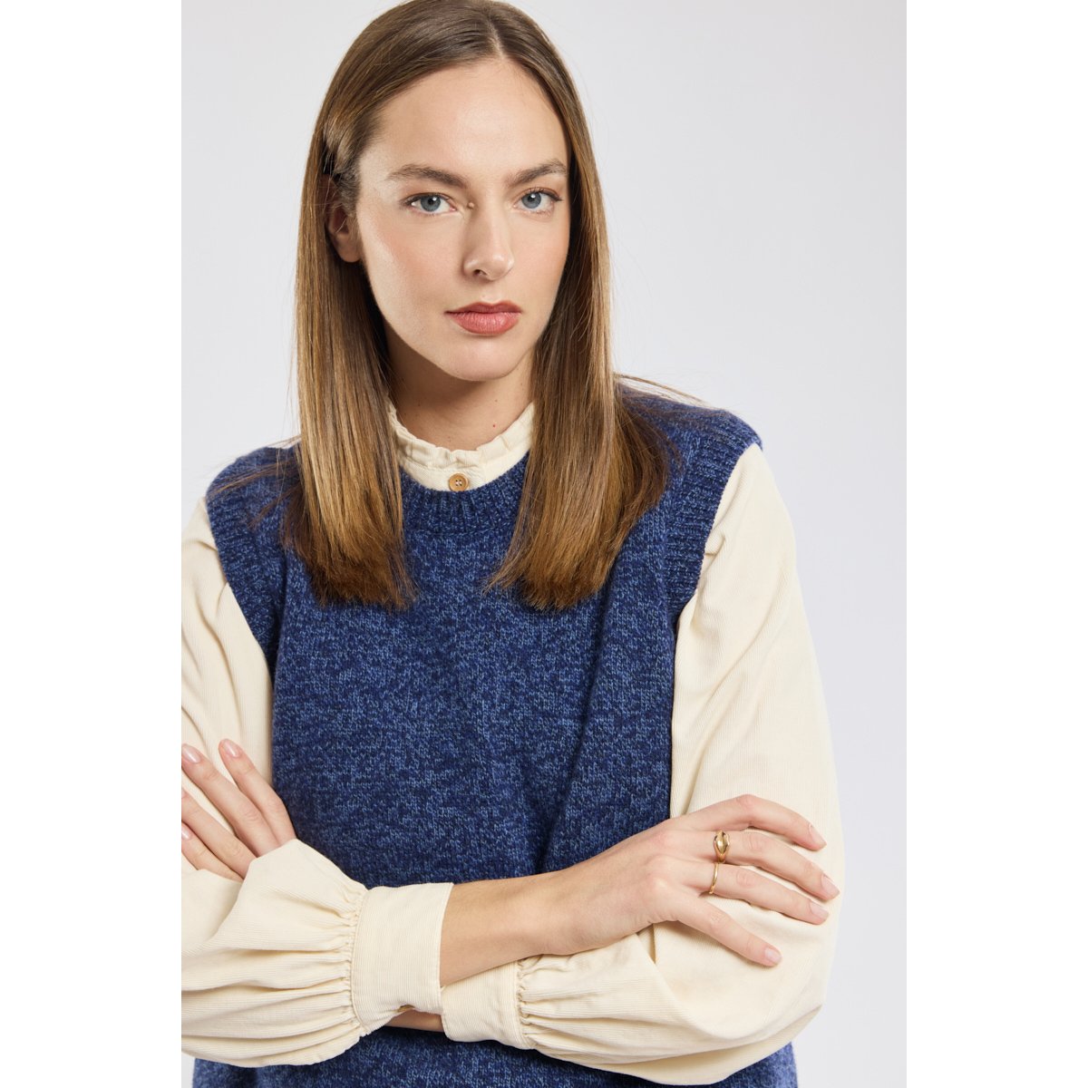 Pull sans manche en laine twilight blue mélangé, ARMOR-LUX