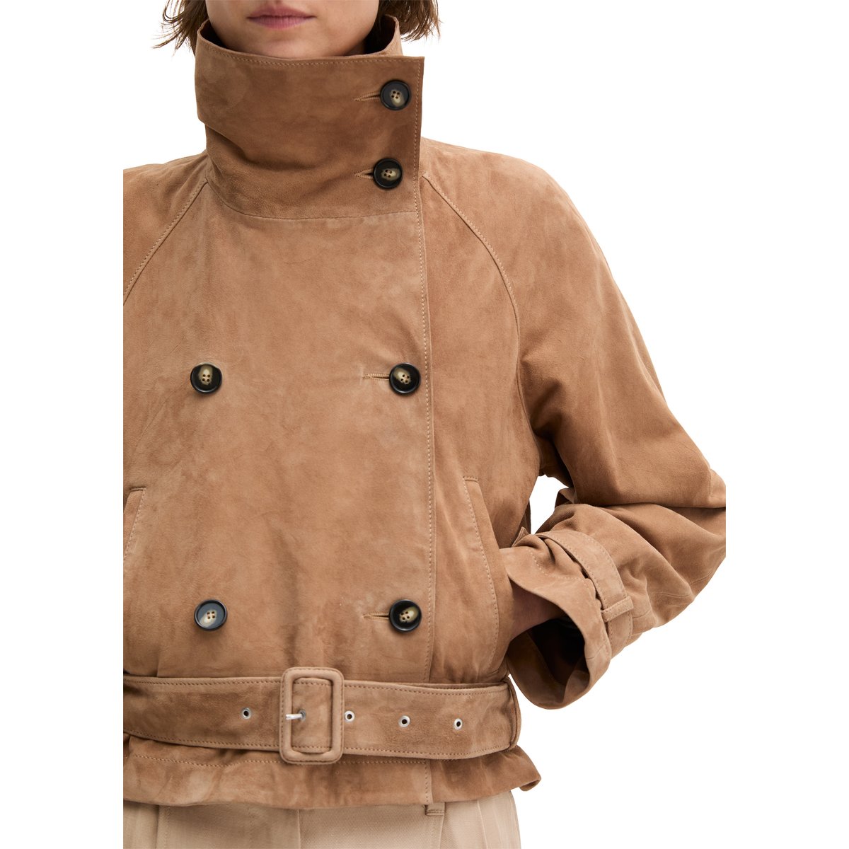 Veste trench en cuir relaxed en cuir velours de chèvre souple beige, MARC O'POLO