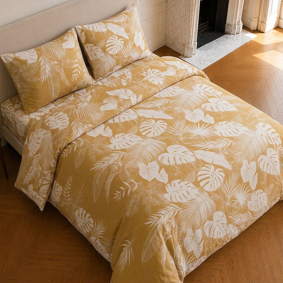 Parure de lit en coton motif tropical, LEAVES ocre, C DESIGN HOME TEXTILE