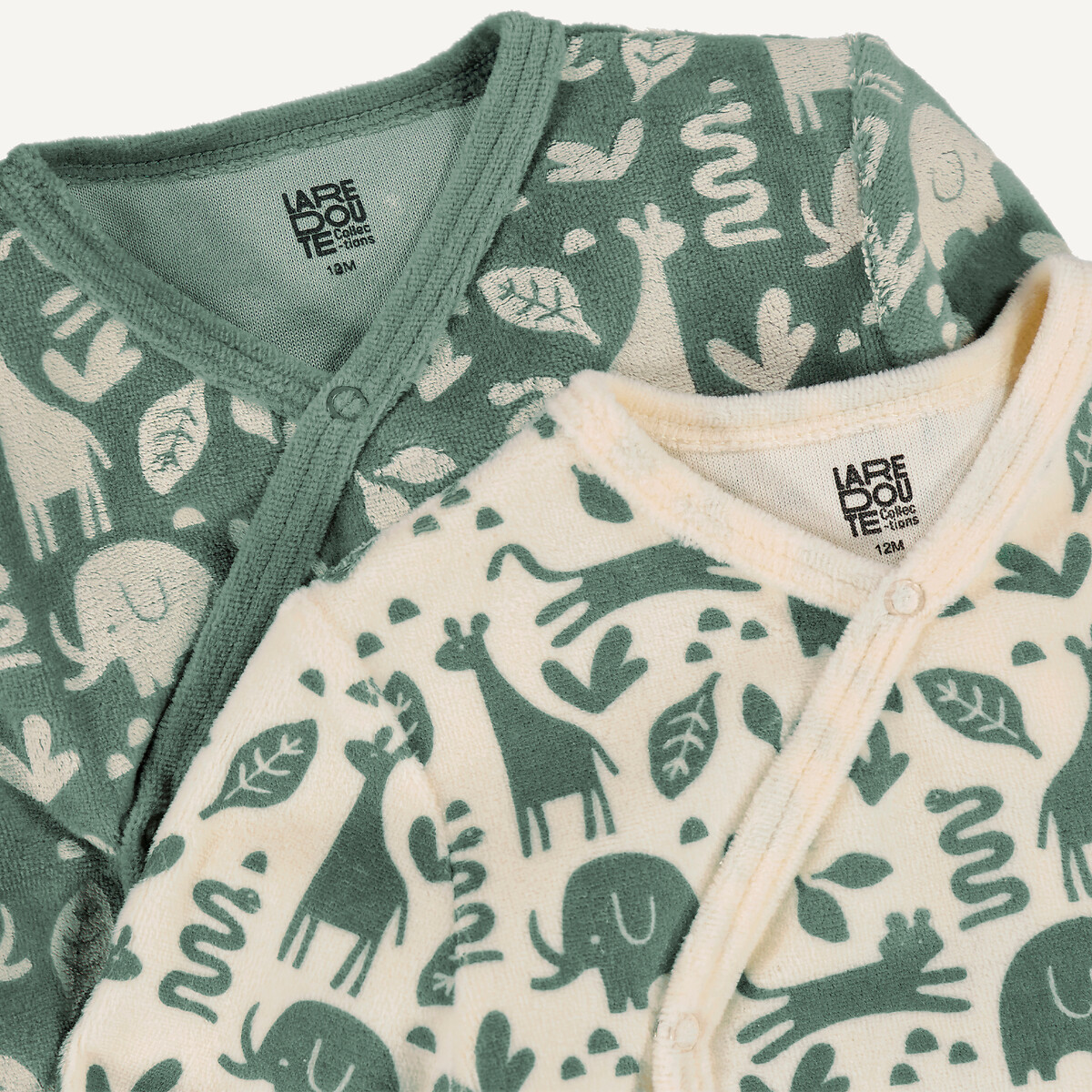 Lot de 2 pyjamas en velours, ouverture devant, motif savane vert/écru, LA REDOUTE COLLECTIONS