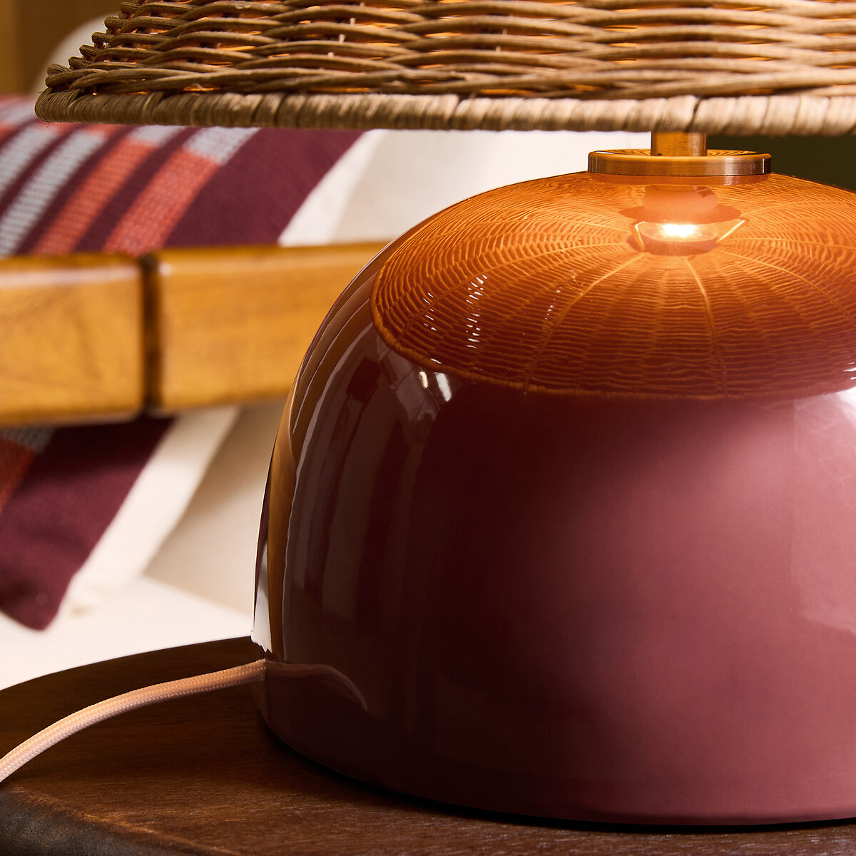 MADE.COM Nora Table Lamp with Rattan Shade burgundy, MADE