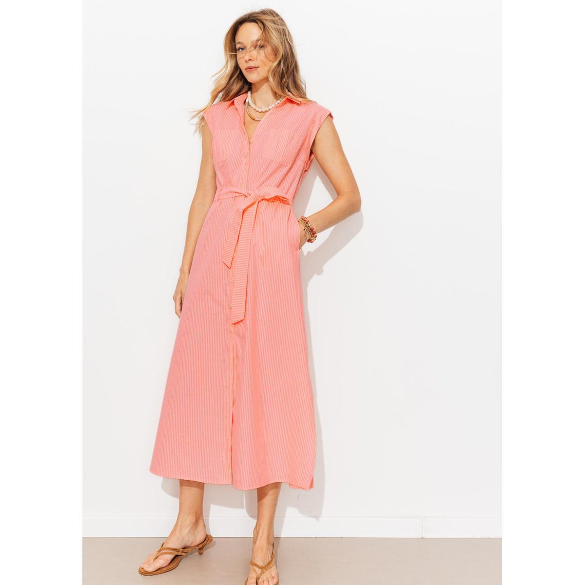 Robe mi-longue ceinturée rayé rose, PROMOD