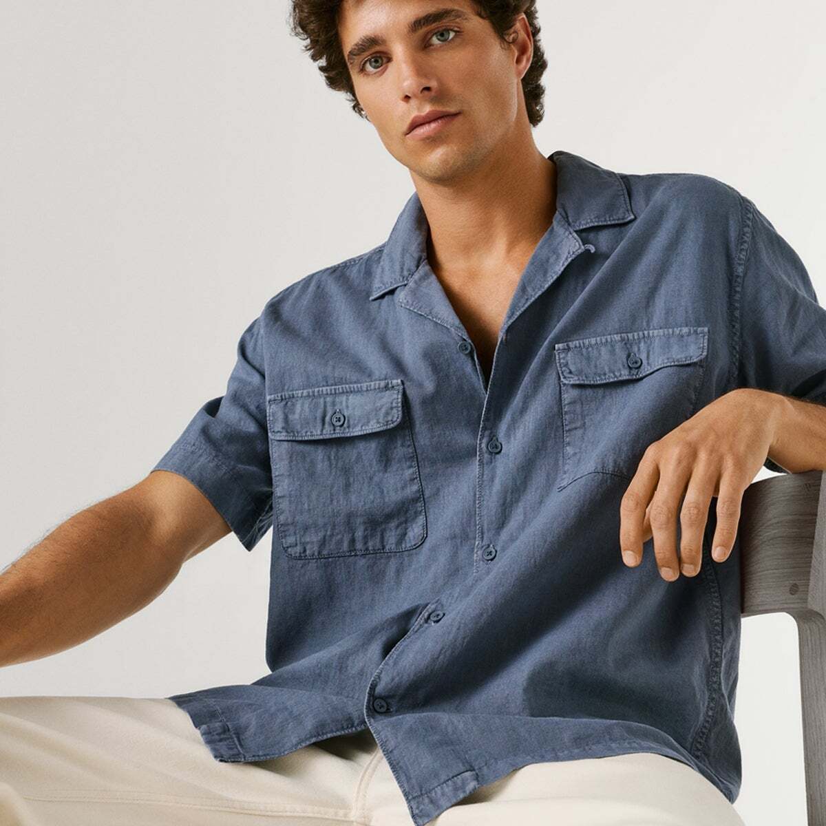 Chemise À Col Cubain bleu marine délavé, PEPE JEANS