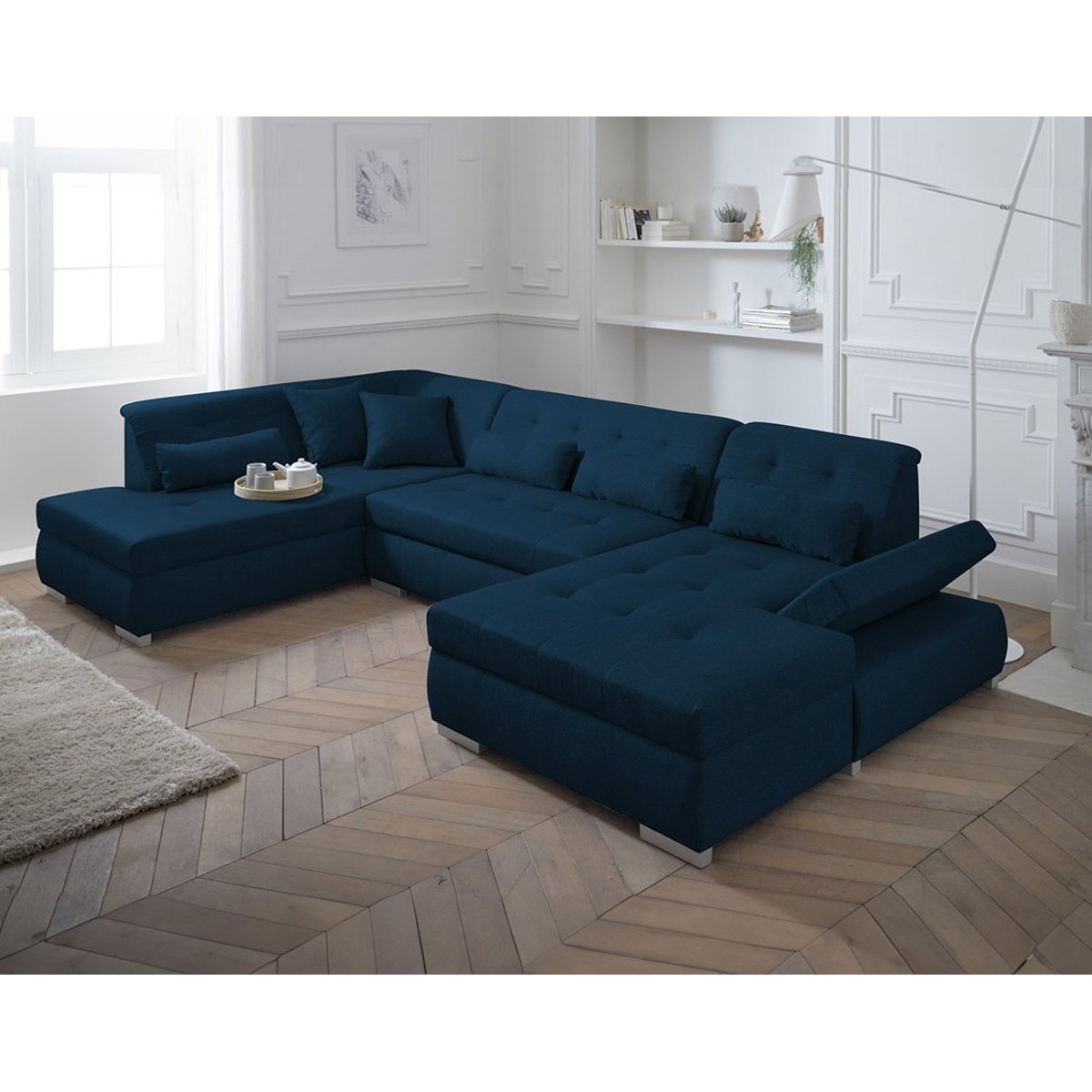 Canapé panoramique angle gauche 7pl XXL, VERMONT bleu pétrole, BEST MOBILIER