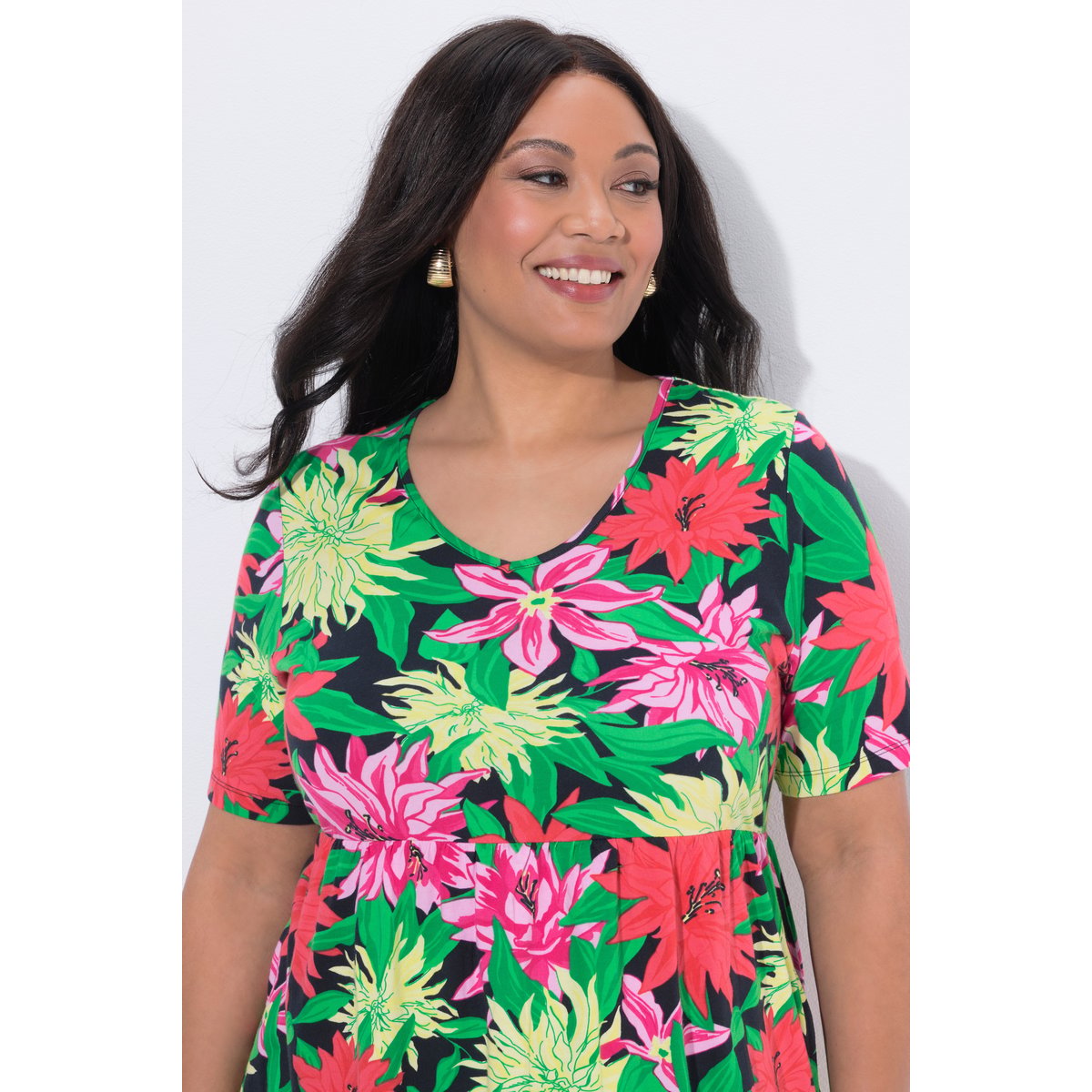 T-shirt long à fleurs rose vif, ULLA POPKEN