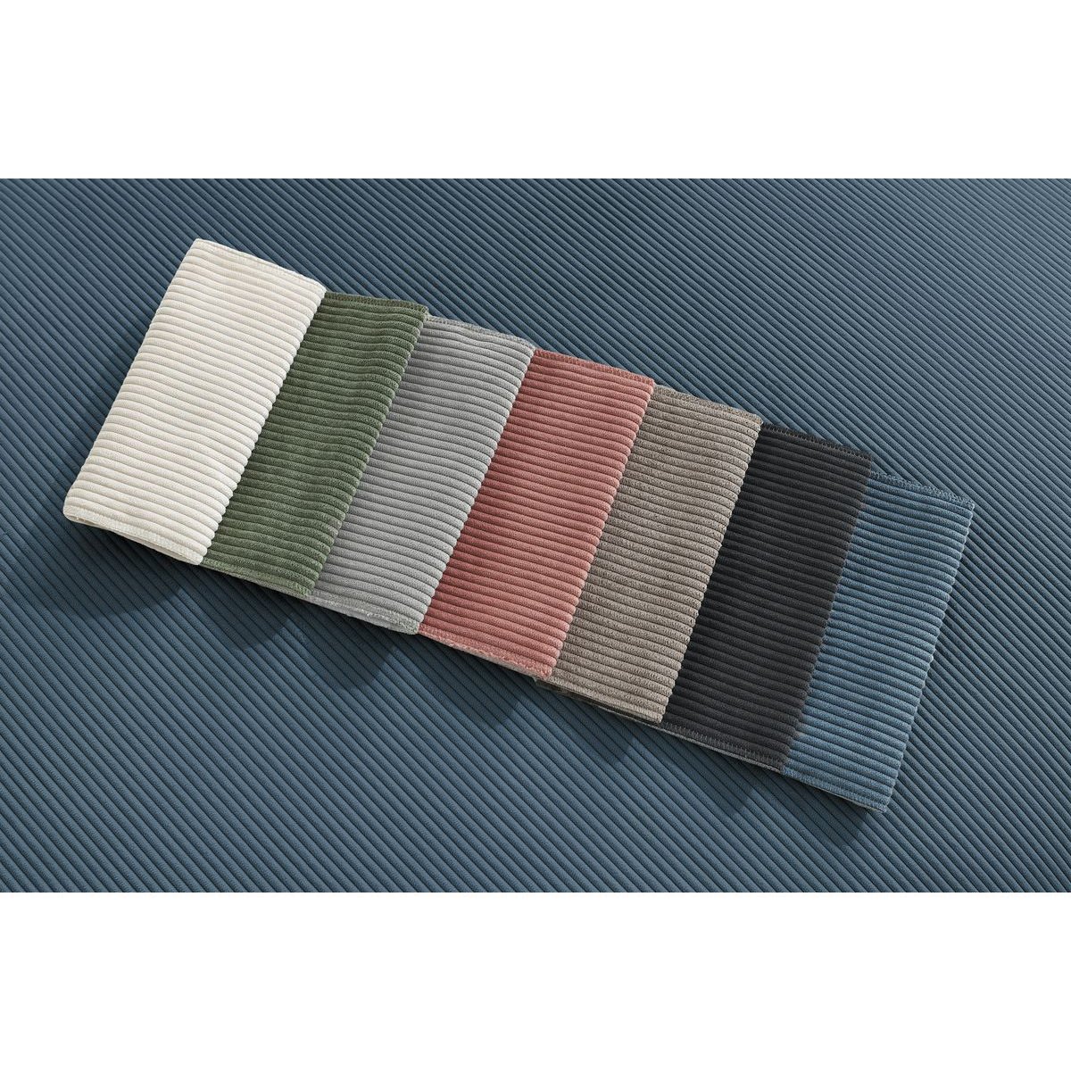 Canapé droit fixe 3 places en velours côtelé avec pouf, BOHEME bleu foncé, BOBOCHIC