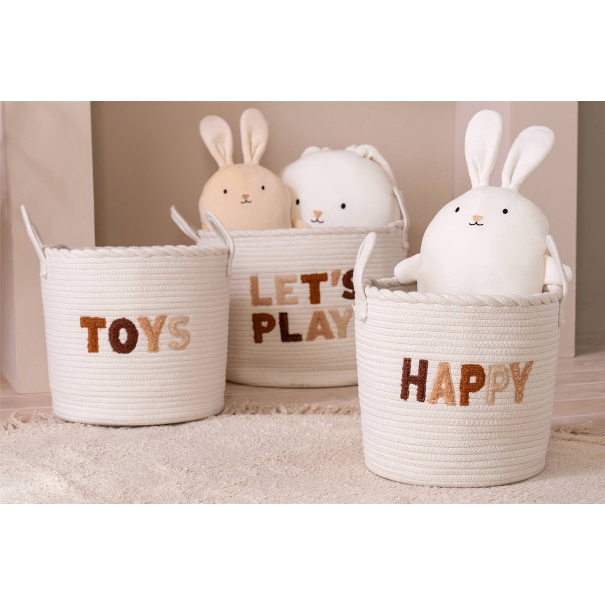 Set de 3 paniers enfant en coton brodé blanc et marron, RECOLLECTION